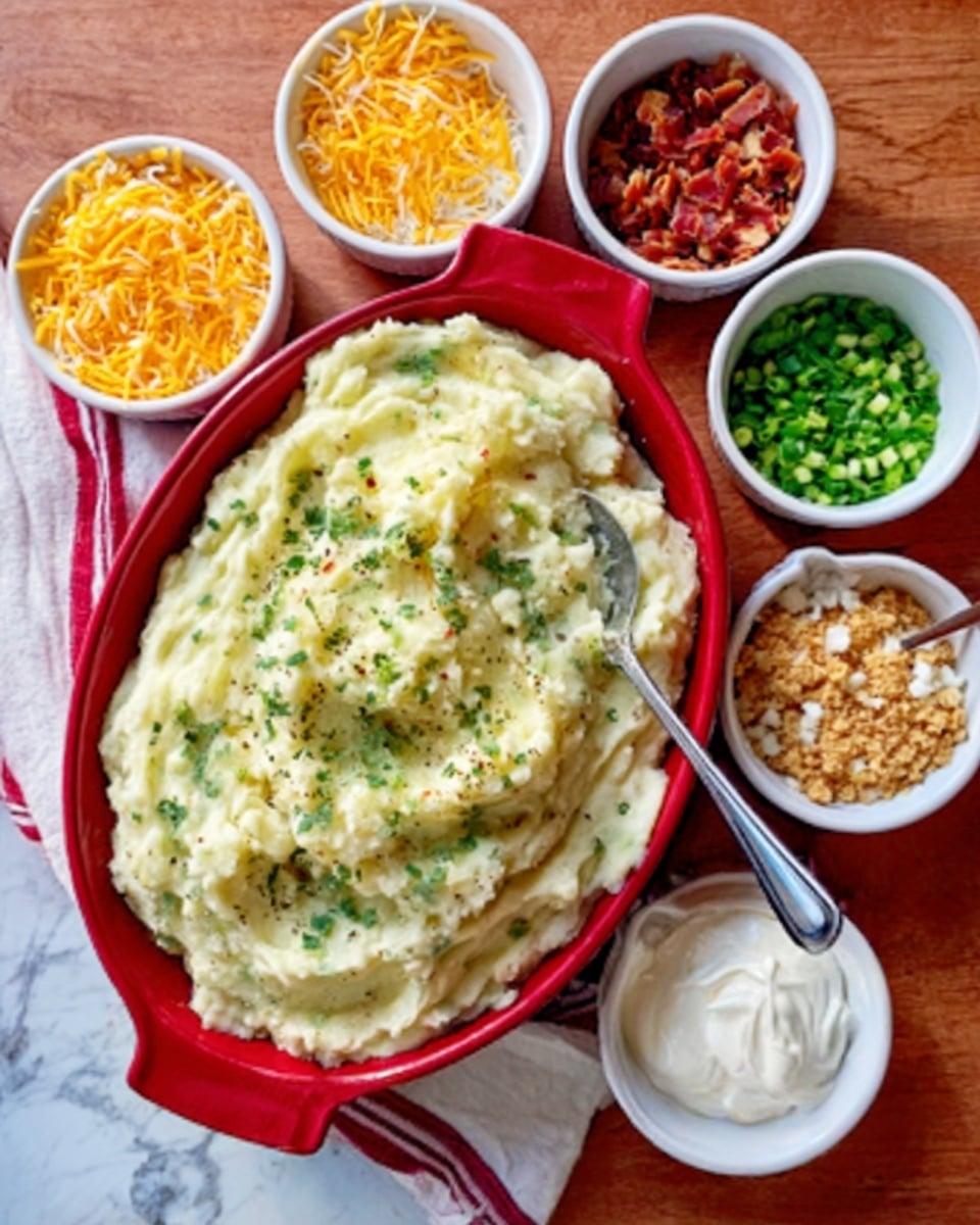 The image shows a large red casserole dish filled with creamy mashed potatoes that have a light green herb garnish on top. A silver spoon is placed inside the mashed potatoes, angled towards the front. Surrounding the dish are six small white bowls, each filled with different toppings: shredded yellow cheese, light brown crumbly topping, red bacon bits, chopped green onions, crumbled white cheese, and a bowl of white sour cream with a silver spoon resting inside. All items sit on a wooden surface with a white marbled texture beneath them. The colors are bright and the textures distinct, making the toppings and mashed potatoes look fresh and inviting. photo taken with an iphone --ar 4:5 --v 7