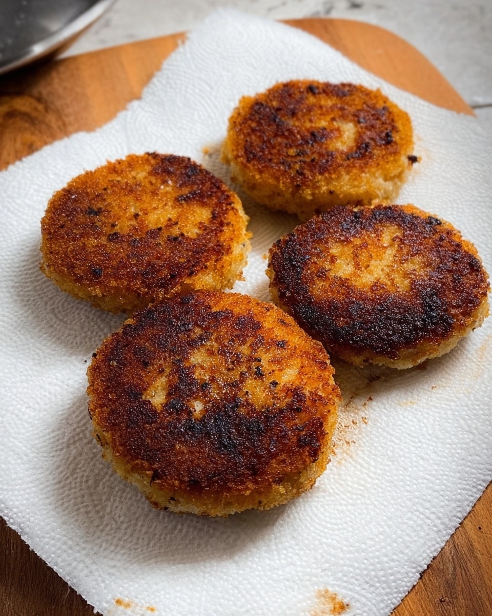 The image shows four browned patties cooking in a black pan with oil bubbling around them. Each patty has a golden-brown crispy top with some darker spots and a soft, light beige interior visible around the edges. The patties are round, thick, and spaced evenly in the pan. The surface underneath the pan is white marble. photo taken with an iphone --ar 4:5 --v 7