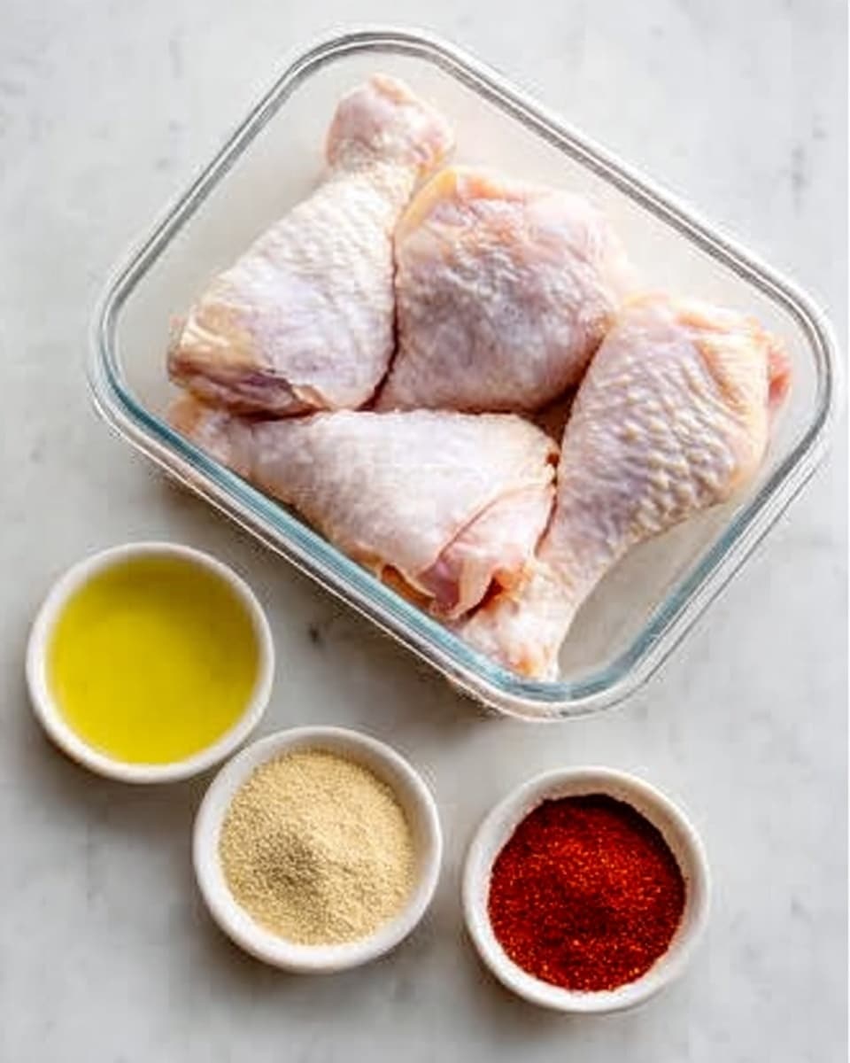 The image shows six raw chicken drumsticks arranged in a clear glass container on a white marbled surface. Below the container, there are two small white bowls. The bowl on the left holds a light yellow liquid, likely oil, while the bowl on the right contains three different powdered spices: a beige powder, a deep red powder, and a light brown one, all sitting side by side in the bowl. The scene is bright and clean with soft natural lighting. Photo taken with an iphone --ar 4:5 --v 7