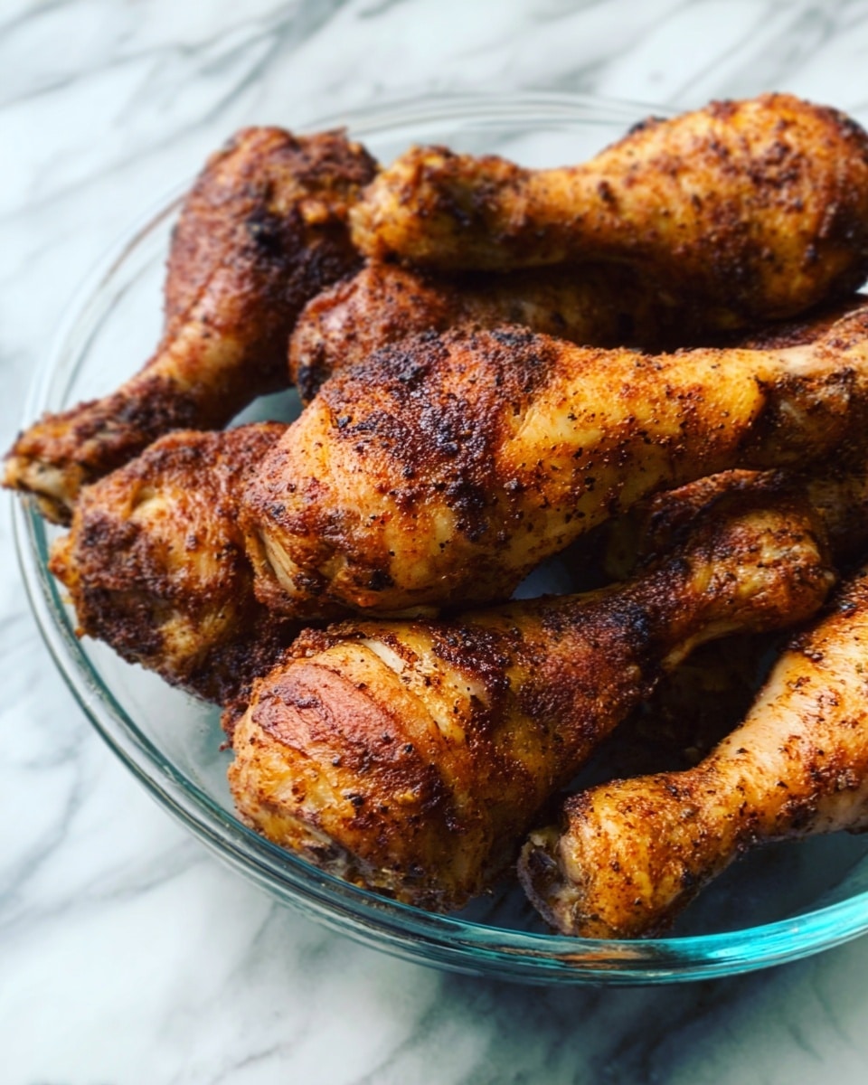 A clear glass dish filled with a pile of cooked chicken drumsticks, each one browned and seasoned with visible spices. The drumsticks have a crispy, textured skin with some darker spots showing a well-cooked surface. The dish sits on a white marbled surface that has soft grey and light brown veins running through it, giving a clean, natural look. The drumsticks are stacked neatly, showing their rounded ends and knobby joints clearly. Photo taken with an iphone --ar 4:5 --v 7