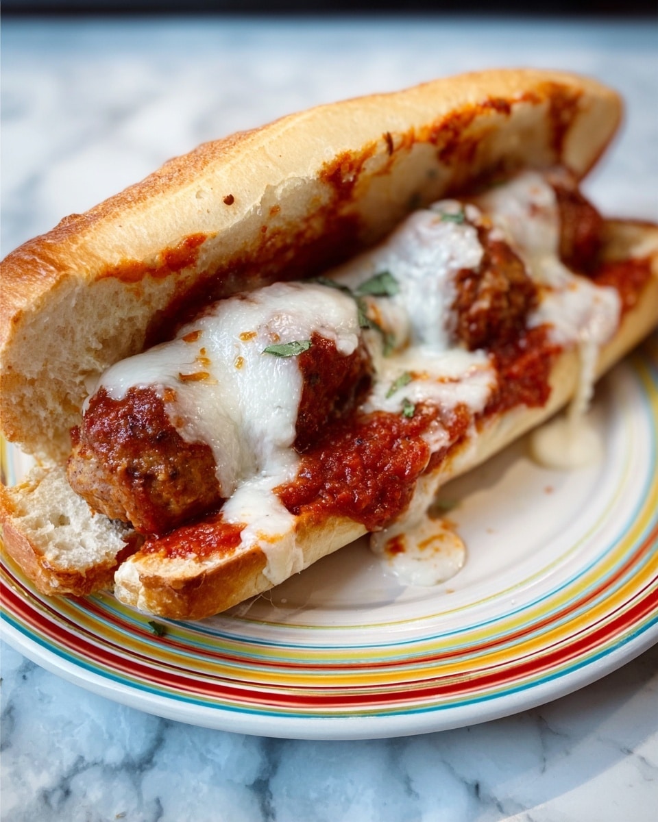 The image shows a meatball sub sandwich placed on a white plate with colorful stripes around the edge. The sandwich has one long, toasted, light golden brown baguette bun split open to hold the filling. Inside the sandwich, there are three large, brown meatballs covered with thick, bright red tomato sauce. Over the sauce and meatballs, melted white cheese is drizzled unevenly, giving a slightly creamy texture. The plate rests on a white marbled surface. Photo taken with an iphone --ar 4:5 --v 7