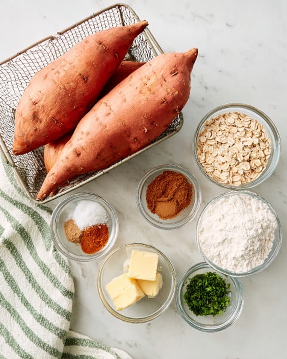 The image shows three whole sweet potatoes with orange skin in a metal wire basket on a white marbled surface. Next to the basket, there are six small clear bowls arranged in a loose circle. One bowl contains small oats, another holds brown cinnamon powder, and a third has light brown powder. A fourth bowl contains a yellow butter cube, while a fifth bowl is filled with white flour, and the sixth bowl holds chopped green herbs. A white and green striped cloth is partially visible on the left side. photo taken with an iphone --ar 4:5 --v 7