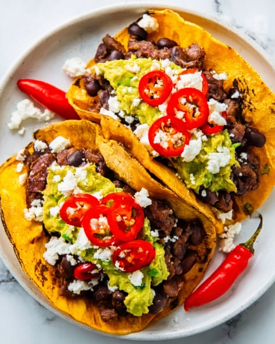 The image shows two tacos on a white plate with a white marbled surface background. Each taco has soft tortilla shells filled with three main layers: a base layer of dark cooked beans with a smooth texture; a middle layer of bright yellow mashed avocado spread evenly; and a top layer of small white cheese crumbles scattered around, with slices of bright red chili pepper placed on top for color and freshness. The tacos are arranged next to each other with a red chili pepper on the side. The photo taken with an iphone --ar 4:5 --v 7