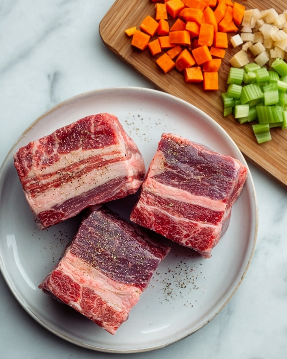 The image shows three raw beef short ribs with marbled fat patterns on a white plate. The ribs are thick rectangular pieces, with red meat and white fat layers, some pepper seasoning visible on top. To the top right of the plate, there is a wooden cutting board with three small piles of diced vegetables: orange carrots, green celery, and light brown onions. The scene is set on a white marbled surface. The photo taken with an iphone --ar 4:5 --v 7