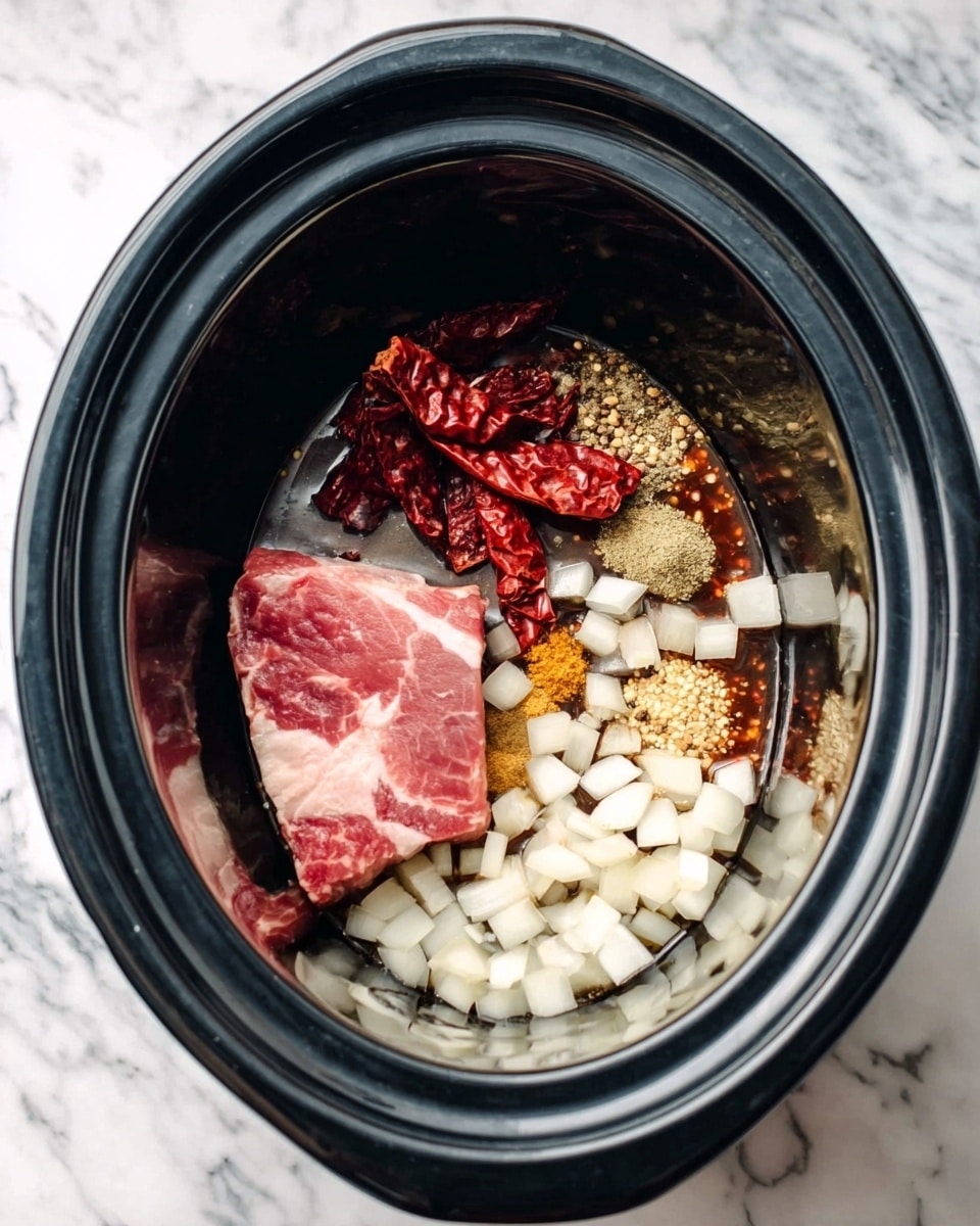 Inside a black slow cooker, there are several layers of ingredients. At the bottom, there are small white cubes of onion, giving a fresh and crunchy look. Above the onion, there are two large pieces of red dried chili peppers, adding a bold and spicy color. Around these main items, small piles of light brown and yellow spices are placed near the rim inside the cooker, showing a rich mix of flavors. The cooker sits on a white marbled surface, and beside it, there is a large piece of raw pink meat with white fat veins on one side. The scene is viewed from above, showing all ingredients clearly. Photo taken with an iphone --ar 4:5 --v 7