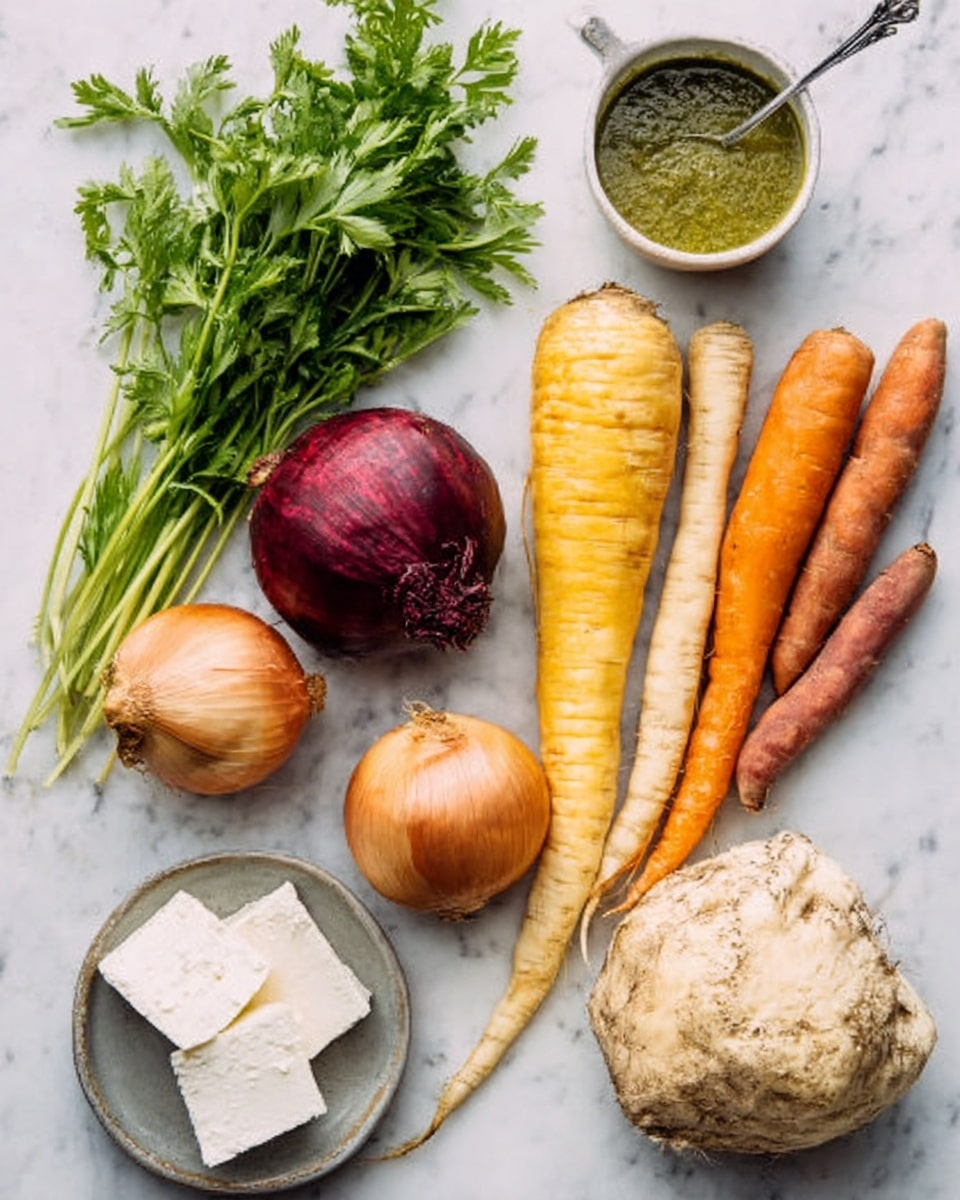 The image shows a white marbled surface with a variety of fresh vegetables and some cheese. From top to bottom, there is a white bowl with green sauce and a spoon in it on the top right. Below the bowl, there are three long root vegetables: a light yellow parsnip, a bright orange carrot, and a pale brown sweet potato arranged diagonally. To the left, there is a bunch of green leafy parsley and behind it a dark red onion. Below the root vegetables, there is a whole orange onion next to a brownish-purple onion. In the bottom right corner, there is a final root vegetable, a light beige celeriac with rough skin. In the lower left, there is a small light gray bowl holding two rectangular blocks of white cheese. The image looks clear and bright, with soft natural light coming from above. photo taken with an iphone --ar 4:5 --v 7