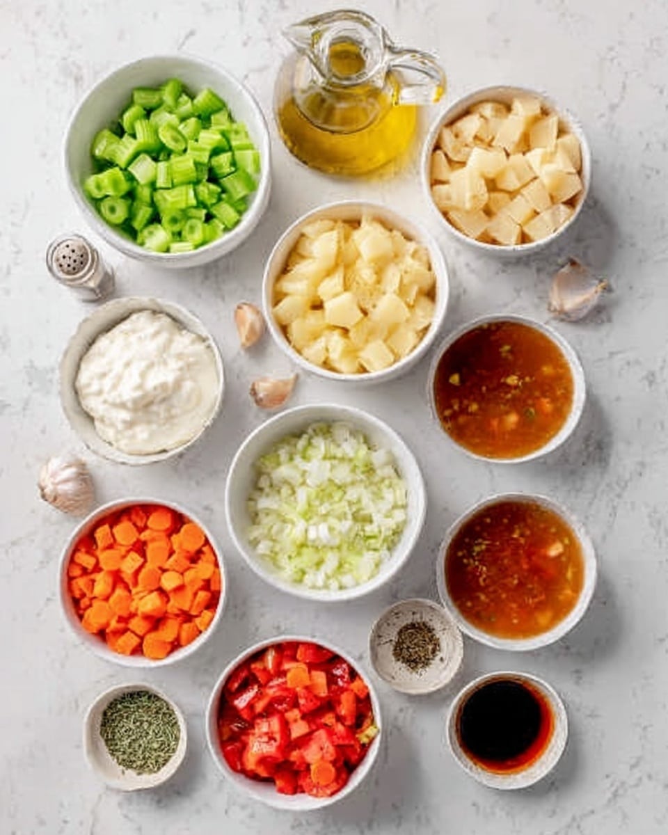 The image shows a white marbled surface with various white bowls arranged neatly in a grid. Each bowl contains different ingredients: one has bright green sliced celery, another has pale yellow chopped potatoes, a third has chopped white onions, a fourth has creamy white sour cream, and another contains bright orange diced carrots. One bowl is filled with a mix of orange carrots and green peas. There is a bowl of rich red tomato chunks, a bowl with dark brown liquid broth, and two small bowls holding different dried herbs and ground black pepper. In the upper part, a woman's hand is pouring golden olive oil from a glass bottle into a small white bowl, and a small salt jar is nearby. Photo taken with an iphone --ar 4:5 --v 7