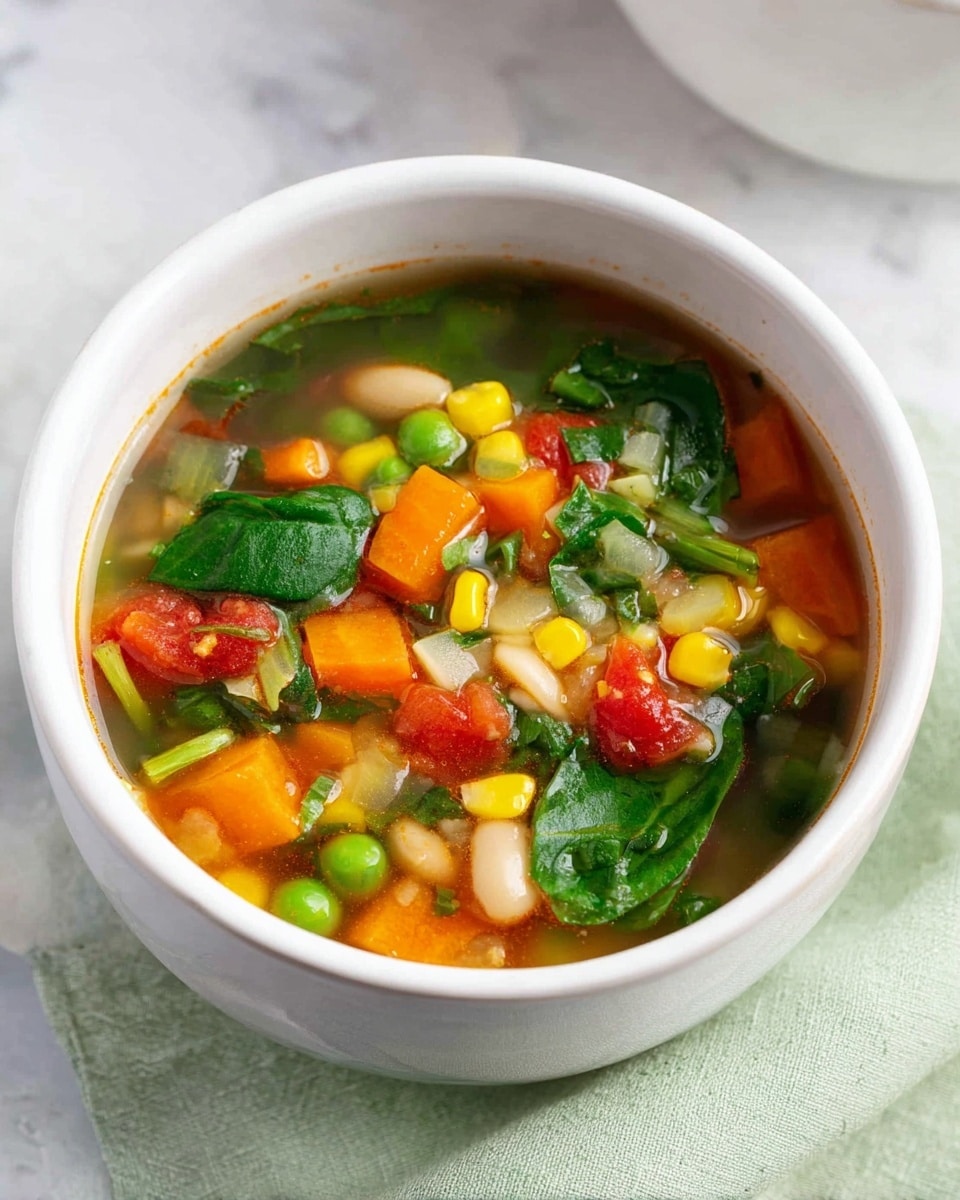 A white bowl filled with clear broth soup that has many colorful vegetable pieces layered inside. The bottom layer has small green peas and spinach leaves, bright orange carrot chunks, yellow corn kernels, white beans, and light green celery pieces. On top, there are red diced tomatoes and more spinach leaves, giving a fresh and healthy look. The soup appears light with visible steam rising. The bowl is placed on a soft green cloth on a white marbled surface. photo taken with an iphone --ar 4:5 --v 7