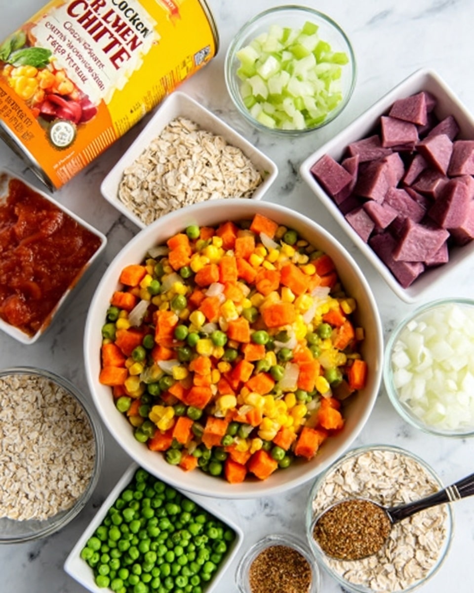 A white bowl filled with a colorful mix of diced orange carrots, yellow corn, green peas, and small green beans is placed in the center on a white marbled surface. Surrounding it are several white square bowls and small glass bowls containing different ingredients: finely chopped white onion, small green celery pieces, cubed purple sweet potatoes, minced garlic cloves, white grains of rice, and dry oats. To the left, there is a yellow and orange box of chicken broth standing upright and a can of chopped tomatoes next to the oats. A woman's hand holding a small bowl with a mix of spices is slightly visible at the right edge of the image. The overall scene is bright and fresh with a neat arrangement of ingredients. photo taken with an iphone --ar 4:5 --v 7