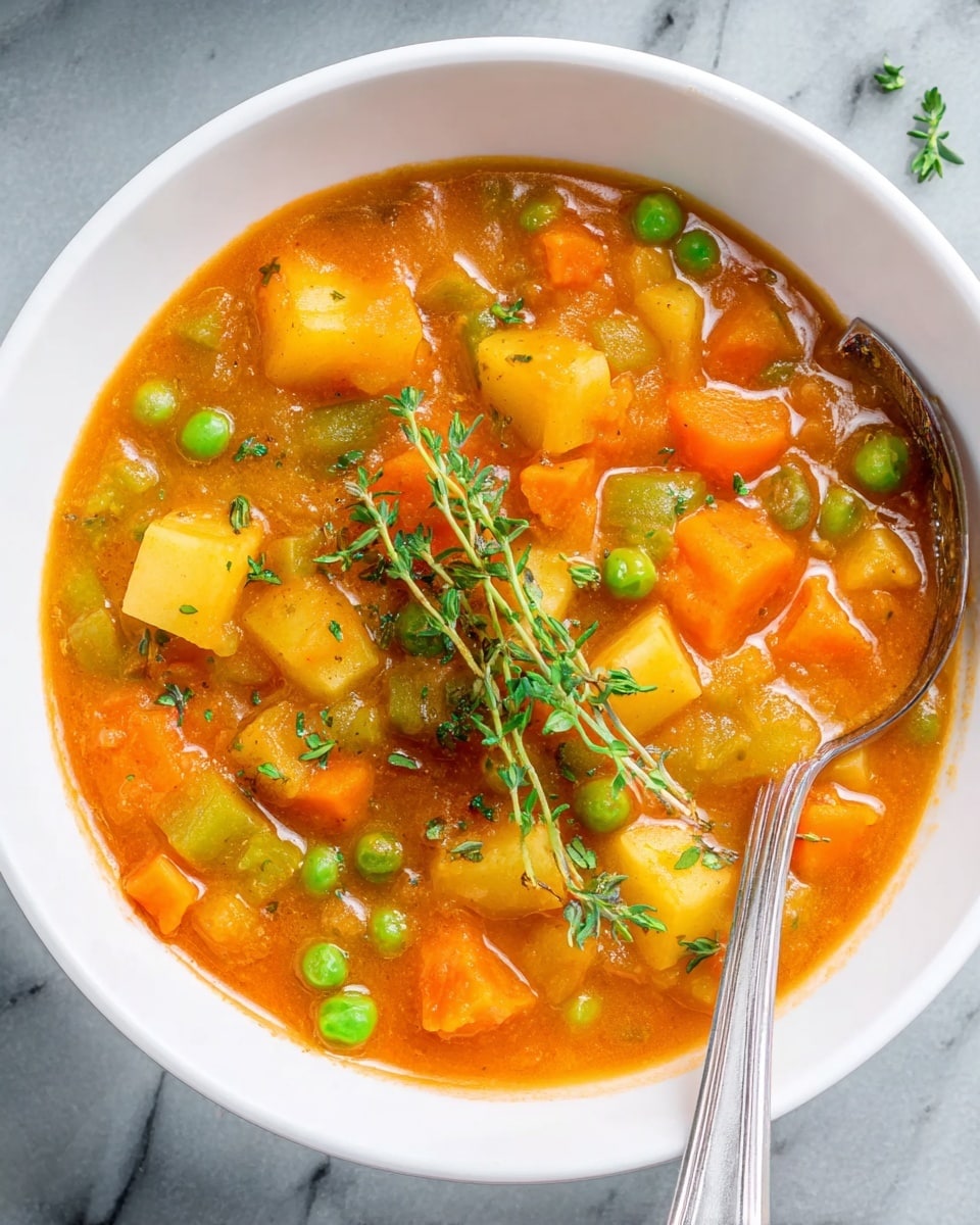 A white bowl filled with thick vegetable soup showing three main layers: the bright orange carrot chunks, yellow potato pieces, and small green peas all mixed in a smooth orange broth. On top, a sprig of fresh green thyme and small green parsley pieces add extra color and texture. A silver spoon rests inside the bowl on the right side. The bowl is placed on a white marbled surface. photo taken with an iphone --ar 4:5 --v 7