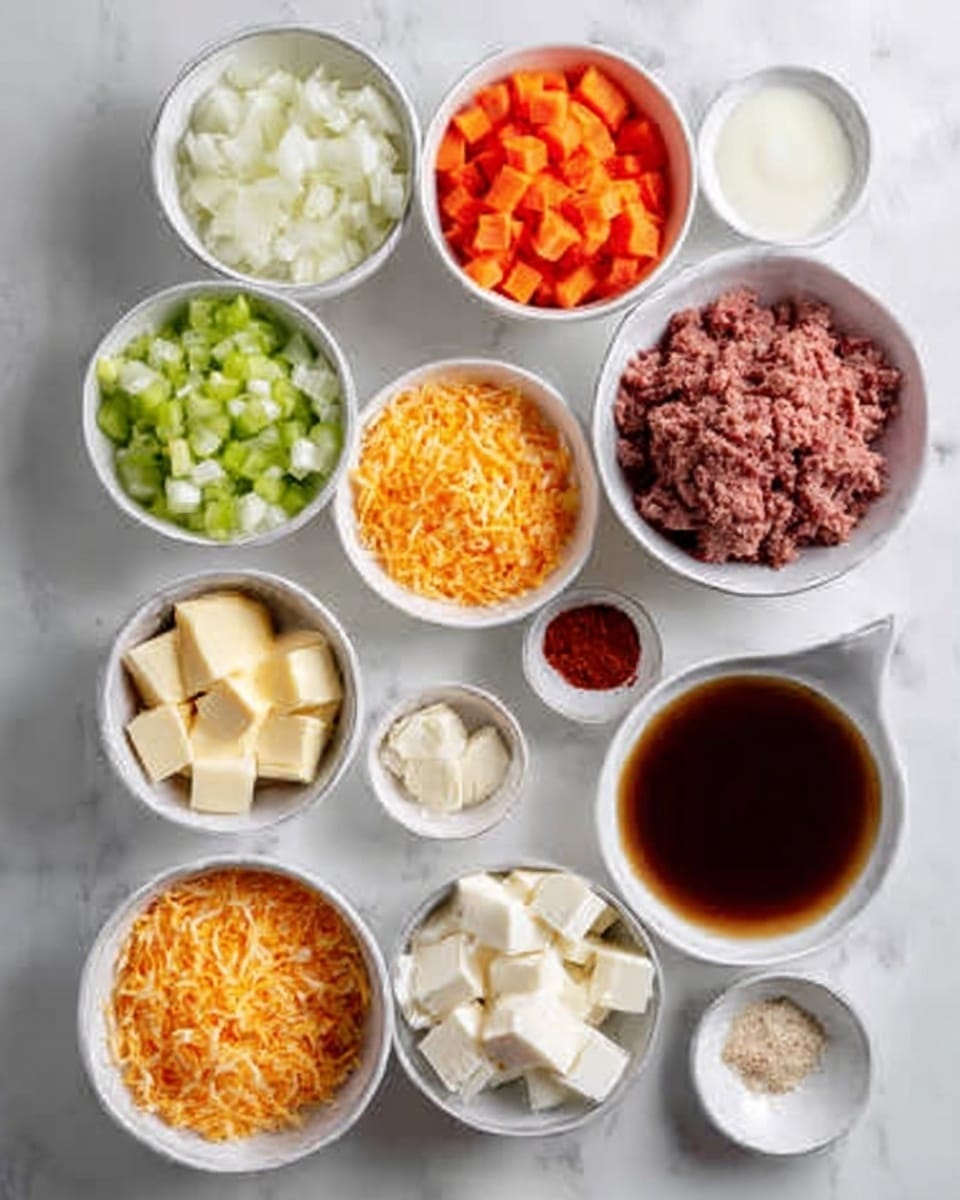 The image shows several white bowls arranged on a white marbled surface, each containing different ingredients. There are nine bowls in total: one with diced white onions, one with finely chopped celery, one with small diced carrots, one with ground beef, one with shredded orange cheese, one with cream, one with dark brown liquid, one with small cubes of white butter, and one with small white cubes of what looks like tofu or paneer. There is also a small bowl of red chili powder and one with a small light-colored powder. The bowls are neatly spaced, showing the different colors and textures of the ingredients clearly. photo taken with an iphone --ar 4:5 --v 7