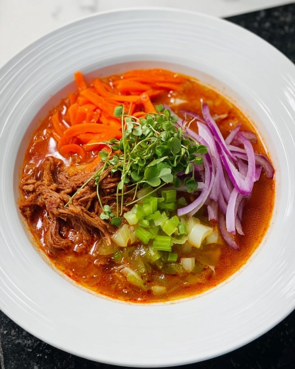 A white deep plate holds a bowl of soup with five clear layers. The bottom is a reddish-orange broth that fills the plate. On the left side, there is a layer of shredded brown meat. Above that, bright orange carrot slices are clustered. On the right side, thin purple onion strips add color. At the bottom right, light green celery pieces sit in the broth, and on top center, a small pile of fresh green sprouts rests as garnish. The plate is on a white marbled surface. photo taken with an iphone --ar 4:5 --v 7