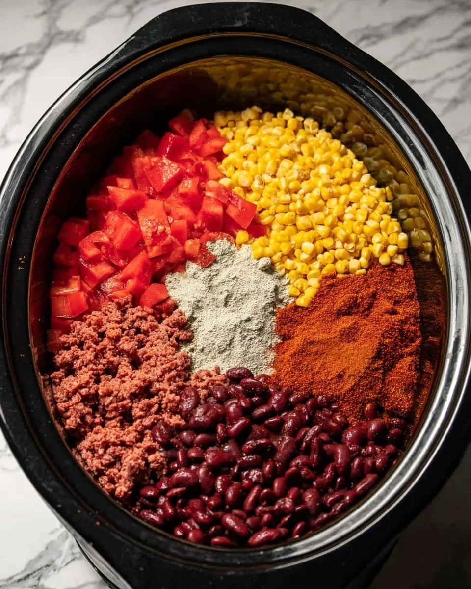 The image shows a black slow cooker filled with several colorful layers of ingredients arranged side by side, not mixed. At the top left, there are bright red diced tomatoes. To the right of the tomatoes is a layer of yellow corn kernels. Next to the corn is a light gray powder, possibly a seasoning. On the bottom right, there is a large layer of dark red kidney beans, and beside the beans to the left is a pile of ground meat. Above the meat, there is a reddish-brown powder, likely a spice mix. The slow cooker sits on a white marbled surface. photo taken with an iphone --ar 4:5 --v 7