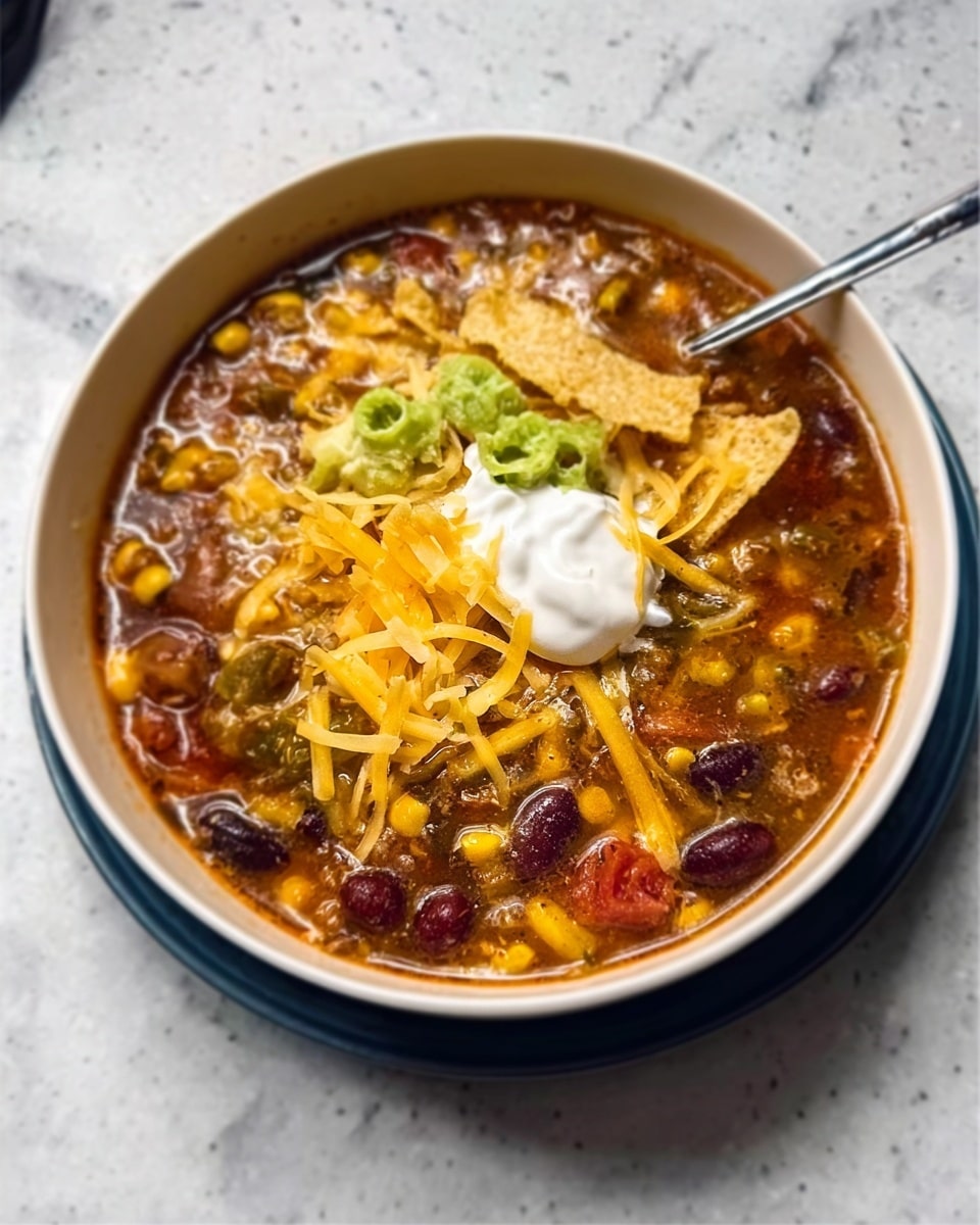 A white bowl filled with thick chili that has visible black beans, corn, and kidney beans. The chili is topped with yellow shredded cheese covering part of the surface, dollops of white sour cream, and small pieces of pale green crushed tortilla chips scattered on one side. A silver spoon rests inside the bowl on a white marbled surface background. Photo taken with an iphone --ar 4:5 --v 7