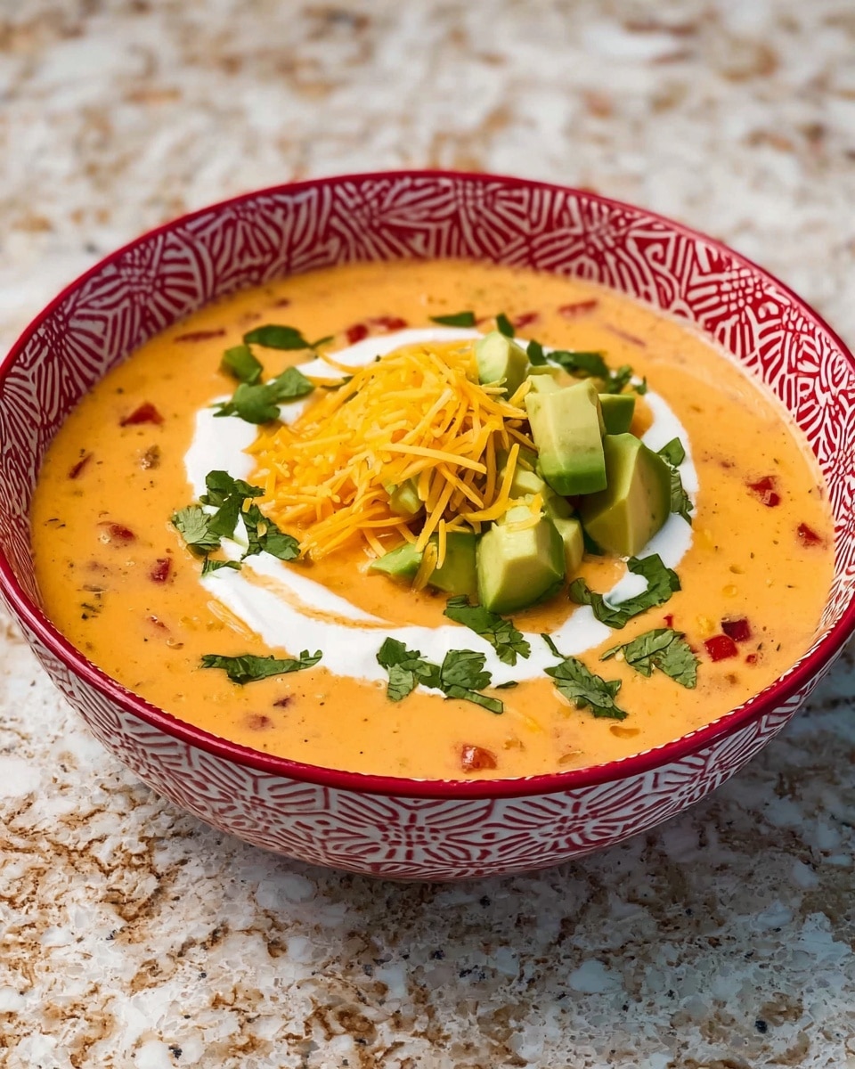 A white bowl with a red geometric pattern holds a creamy orange soup mixed with small red and green vegetable pieces, filling the bowl mostly. On top, there is a circle of white sour cream surrounding a small mound of yellow and white shredded cheese. Next to the cheese are several green avocado cubes, and fresh green herbs are scattered around the sour cream. The bowl sits on a white marbled textured surface. photo taken with an iphone --ar 4:5 --v 7