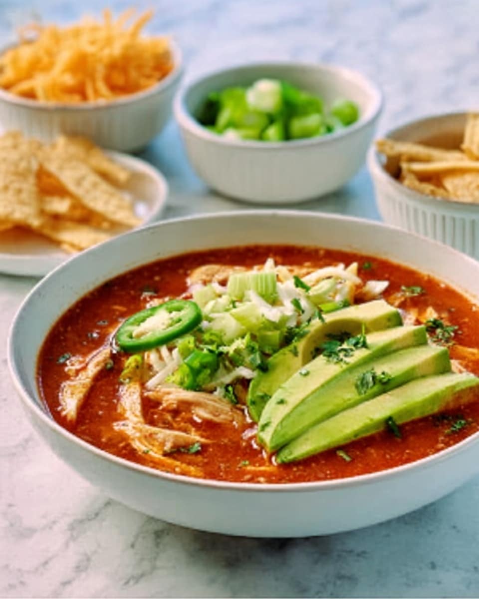 A white shallow bowl filled with a red soup topped with sliced green avocado, jalapeño slices, small green herbs, and shredded pale chicken pieces. Behind the bowl are three small white ramekins holding chopped green onions, light orange shredded cheese, and crispy light brown tortilla strips. The bowl is placed on a white marbled surface. photo taken with an iphone --ar 4:5 --v 7