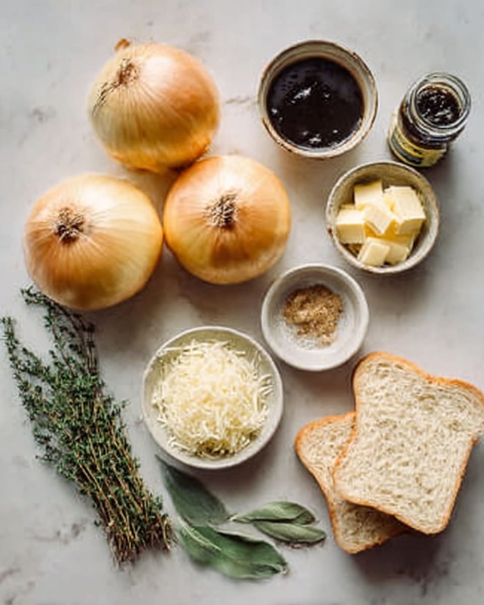 The image shows a white marbled surface with cooking ingredients neatly arranged. There are three whole yellow onions with smooth skin placed near some fresh green herbs like thyme and sage. To the right, a slice of bread with a soft texture is set. Below the onions, small white bowls contain pale yellow butter slices, shredded white cheese, light brown sugar, and dark liquid broth. A small jar of black garlic paste is also visible. The colors are warm and natural, with soft light enhancing the textures of the onions and ingredients. photo taken with an iphone --ar 4:5 --v 7