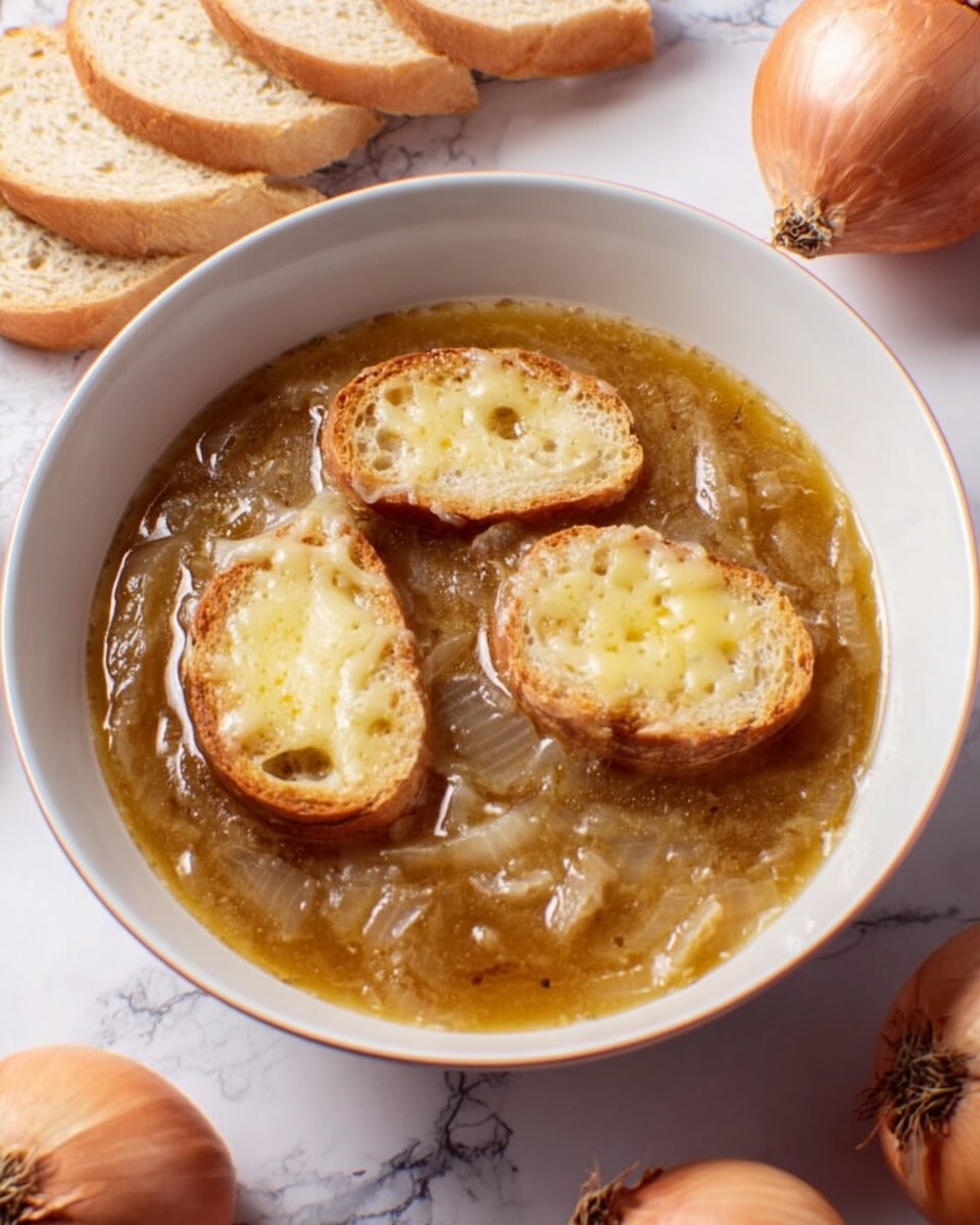 A white bowl filled with hot onion soup topped with melted cheese that stretches over the edges, golden brown and bubbly on top, with two toasted slices of bread standing upright inside the soup, garnished with a small green herb sprig on the cheese. The bowl is placed on a white-marble surface with two more toasted bread slices nearby, a spoon, and some onion skins scattered around. Photo taken with an iphone --ar 4:5 --v 7