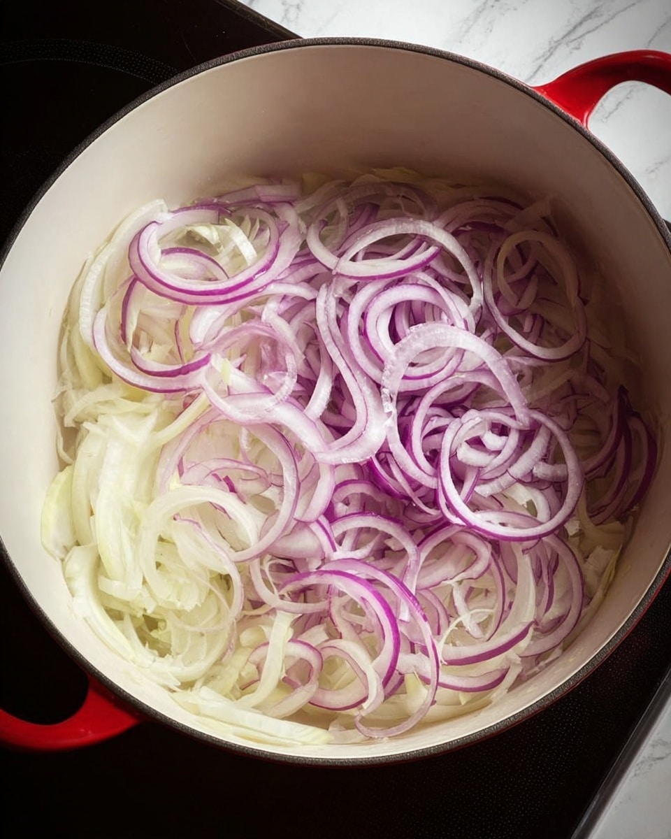A close-up view inside a red pot with a white interior, filled with a mix of thinly sliced onions. The bottom layer consists of pale yellowish-white onion slices, soft and slightly translucent, lying flat against the pot's surface. On top, there is a layer of thin, circular purple-red onion rings, adding color contrast with a mix of solid and delicate rings spread unevenly. The pot sits on a dark stovetop, and the background is changed to a white marbled texture. photo taken with an iphone --ar 4:5 --v 7