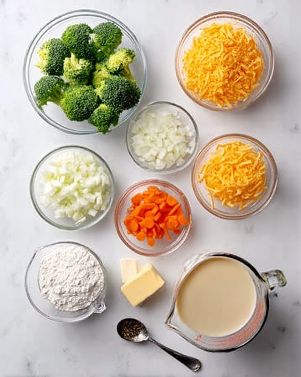 The image shows seven clear glass bowls arranged on a white marbled surface, each holding different cooking ingredients. In the top left bowl are bright green broccoli florets, while to its right there is shredded orange cheddar cheese. Below the broccoli is a bowl filled with small chopped white onions. Next to it, towards the center, is a smaller bowl with thinly sliced orange carrot strips. To the right of this is a tiny bowl with minced garlic. At the bottom left is a measuring cup filled with white flour, and beside it is a small spoon with black pepper. On the bottom right is a clear measuring cup with a light brown broth, and next to that, another with white milk. There are also two small bits of yellow butter placed at the front center. The whole setup is brightly lit and neat, with the ingredients clearly visible. photo taken with an iphone --ar 4:5 --v 7
