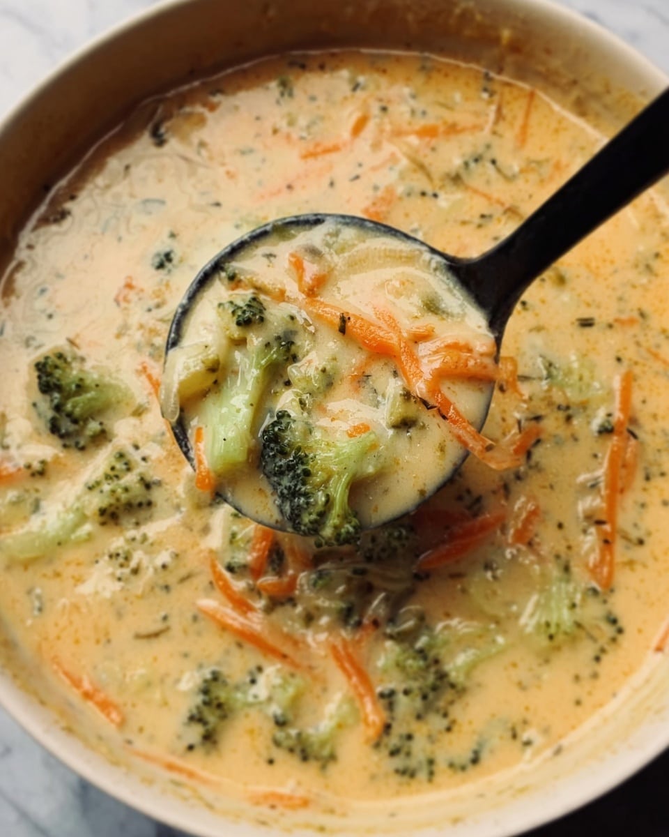 The image shows a creamy soup with visible ingredients of orange carrot strips and green broccoli pieces mixed throughout in a thick, light beige broth. A black spoon lifts a spoonful of the soup close to the center, showcasing the chunky vegetables covered in the smooth creamy texture. The soup is served in a white bowl, set on a white marbled surface. photo taken with an iphone --ar 4:5 --v 7