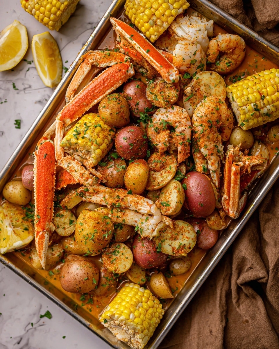 The image shows a large white tray filled with a seafood boil. There are two main layers: the bottom layer has small round potatoes in red, yellow, and white colors scattered throughout, mixed with chunks of sausage and pieces of corn on the cob, all coated in a shiny, seasoned sauce. The top layer is made of bright orange crab legs and many shrimp with curled tails, also covered in seasoning and herbs. There are lemon wedges placed on top and around the seafood, adding a fresh yellow color. A wooden spoon rests on the right side, partially covered by the food, and a green cloth is at the top right corner. The entire scene is set on a white marbled texture. photo taken with an iphone --ar 4:5 --v 7