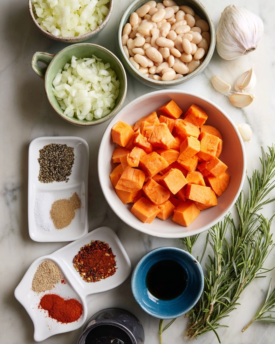 The image shows a top view of several small white bowls and dishes arranged on a white marbled surface. In the center is a bowl filled with large chunks of bright orange sweet potatoes. Around it, there is a smaller white bowl with pale beans, another white bowl with finely chopped light yellow garlic, and a green bowl filled with chopped white onions to the left. A white dish holds four sections of spices in different colors: black pepper, white salt, beige garlic powder, and red paprika. There is a small black measuring cup with a dark liquid inside and a small blue dish with two sections of spices in brown and dark red tones. Fresh green rosemary sprigs lie on the right side with some scattered pale beans. A whole bulb of garlic sits on the top right corner. The photo taken with an iphone --ar 4:5 --v 7