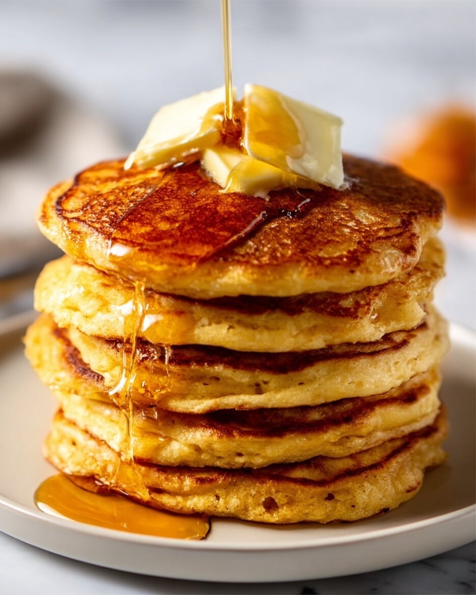 A stack of six golden brown pancakes sits on a white plate with a green and orange leaf pattern. The top pancake is drizzled with melted butter that is slowly melting and small pieces of chopped nuts sprinkled over it. A wedge is cut out from the stack, showing the soft, fluffy inside layers. A silver fork rests on the right side of the plate. In the background, there are two small pumpkins on a white marbled surface. The photo taken with an iphone --ar 4:5 --v 7