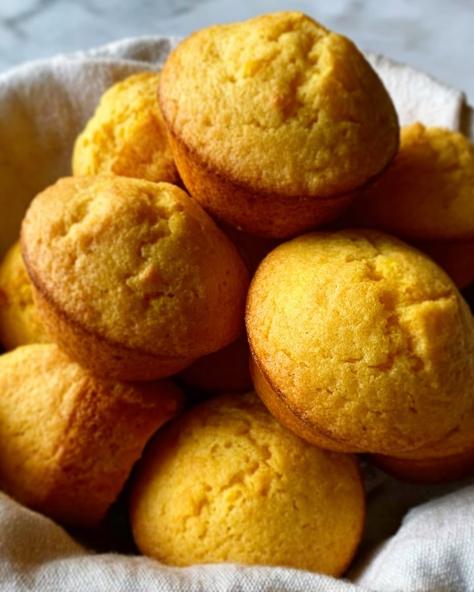 A pile of golden yellow corn muffins with a slightly rough texture is placed close together on a light cloth inside a white bowl. The muffins are rounded with small cracks and a firm but soft surface, showing their fluffy inside. The warm light enhances their golden color while soft shadows add depth, all set on a white marbled background. photo taken with an iphone --ar 4:5 --v 7