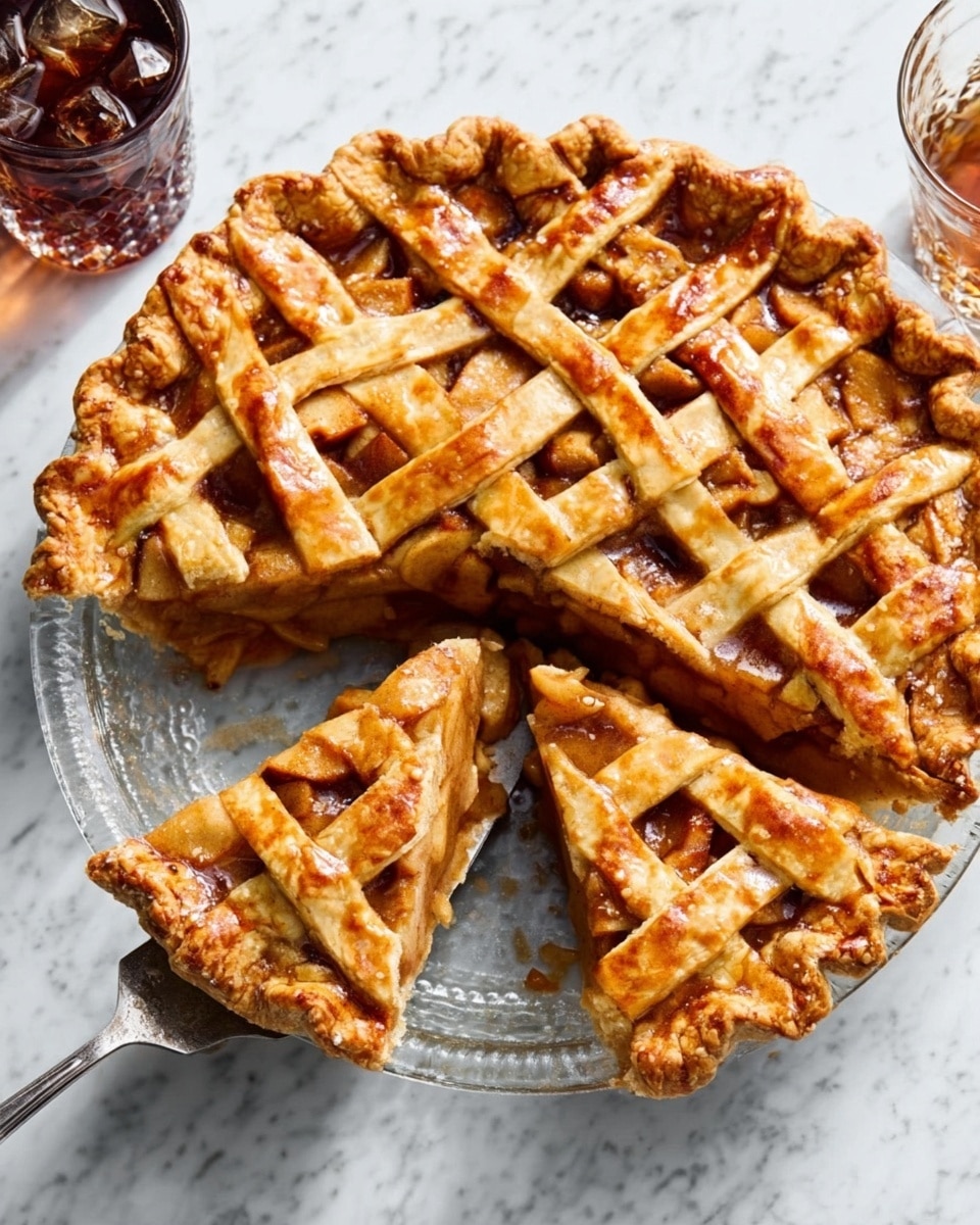 A round pie with a golden brown lattice crust, partially sliced, sits in a clear glass pie dish on a white marbled surface. The lattice crust has a rough sugar sprinkle and a shiny caramel glaze drizzled over the top. Inside, visible through the lattice, are pieces of cooked apple filling that is warm brown in color. Next to the pie dish is a brown jar with caramel sauce and a spoon inside. There is also a red apple and a green apple placed on the marbled surface near the pie. photo taken with an iphone --ar 4:5 --v 7
