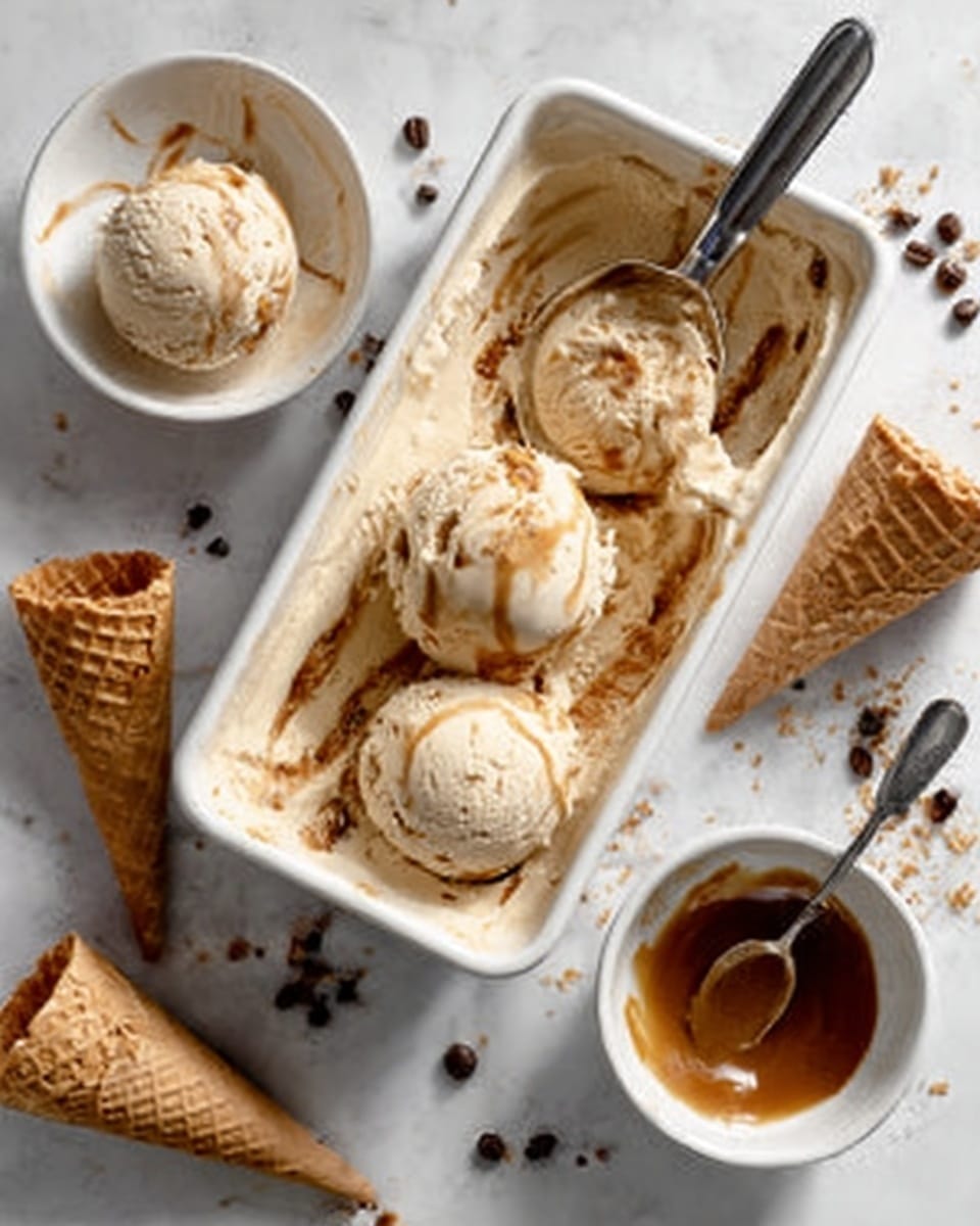 The image shows three round scoops of light brown ice cream with a smooth and creamy texture in a white bowl. The ice cream is drizzled with a shiny caramel sauce on top, creating a glossy finish. A silver spoon with simple design rests inside the bowl on the right side. The bowl is placed on a white marbled surface, adding a soft pattern in the background. Photo taken with an iphone --ar 4:5 --v 7
