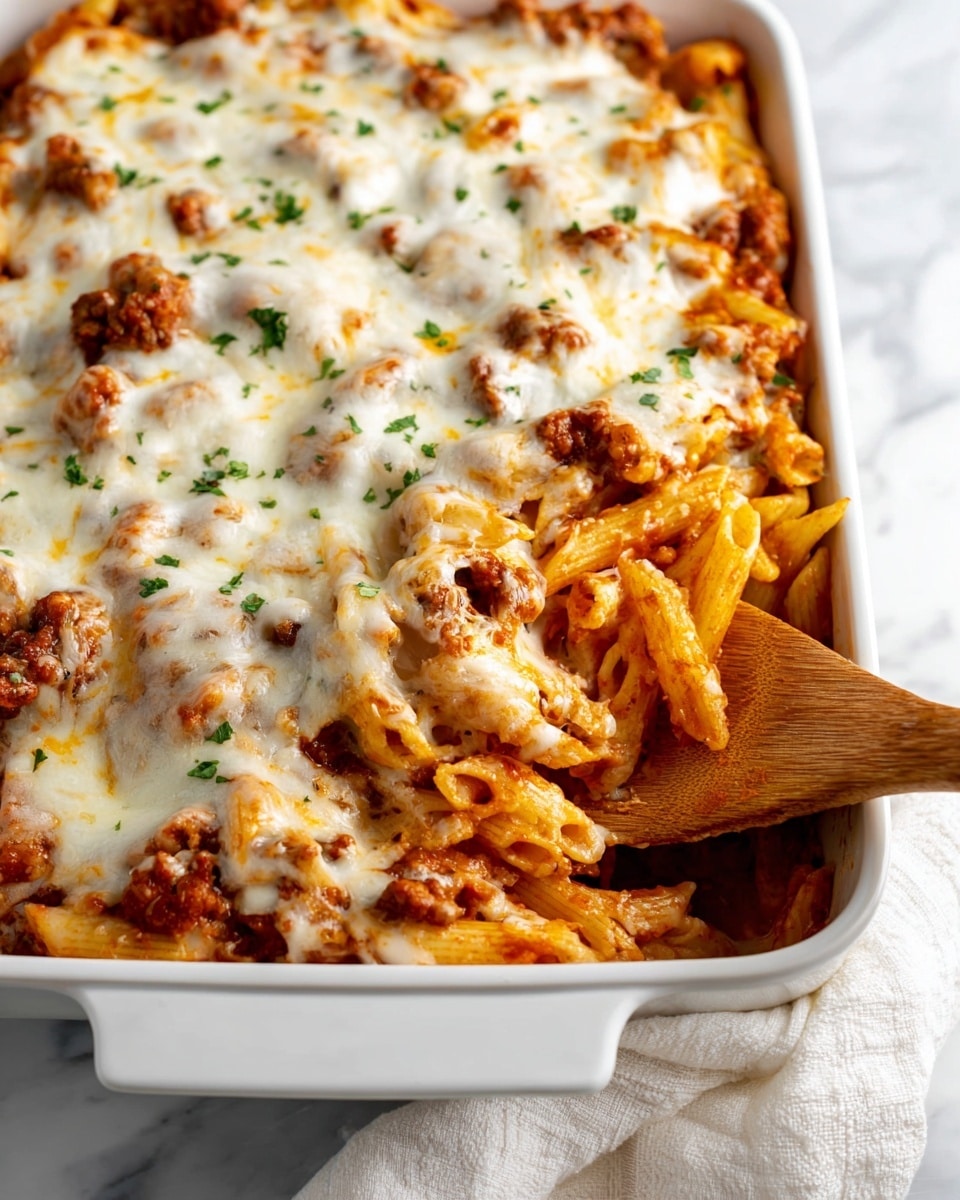 The dish is a baked pasta casserole served in a white rectangular baking dish. It has two main layers: the bottom layer is made up of penne pasta mixed with a red tomato-based sauce and ground meat, giving it a chunky texture with bits of meat and sauce coating the pasta. The top layer is a generous, melted white cheese that looks soft and gooey, spread evenly over the pasta, sprinkled with small green herb pieces. A wooden spoon is partially lifted from the casserole, revealing the pasta and sauce underneath. The dish sits on a white marbled surface with a light cloth nearby. Photo taken with an iphone --ar 4:5 --v 7