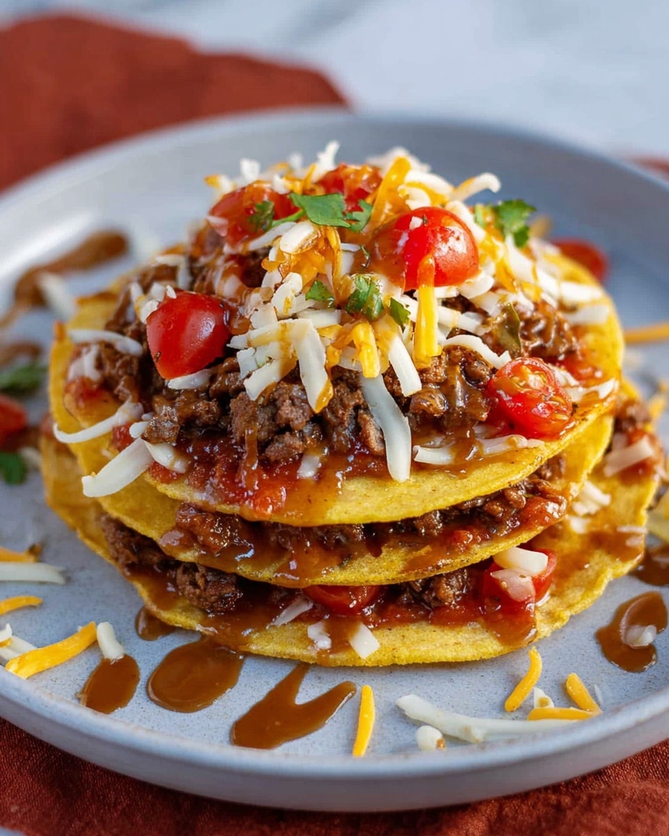A three-layer stack of round yellow corn tortillas sits on a white plate, each layer filled with finely crumbled cooked beef and melted mixed shredded cheese that is pale yellow and white. The bottom layer has a thin spread of red sauce and bits of chopped red cherry tomatoes that also appear on top in quarter pieces. The top layer is covered with shredded cheese, more crumbled beef, and a generous drizzle of brown sauce that runs down the sides. The plate is on a white marbled surface with some scattered bits of cheese and beef around it. Photo taken with an iphone --ar 4:5 --v 7