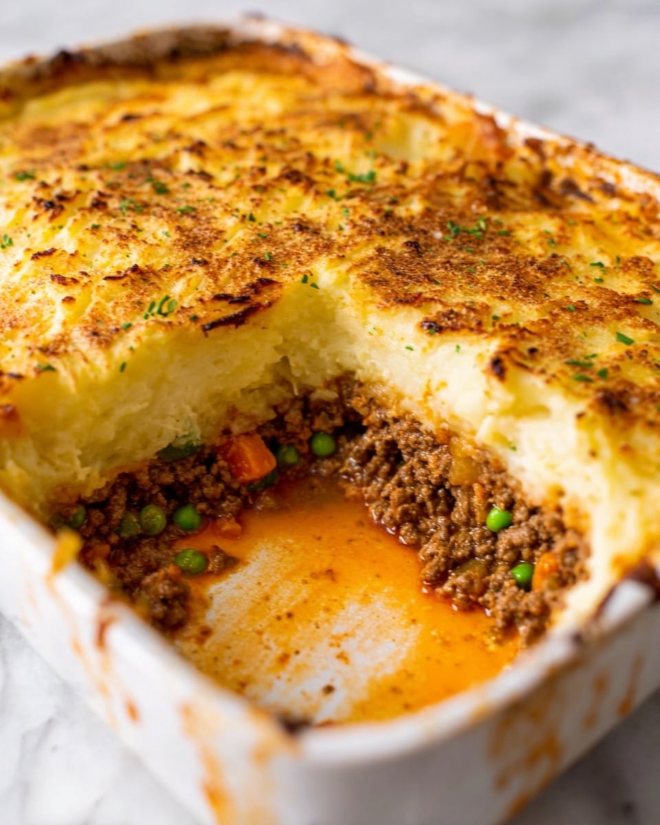 The image shows a close-up of a casserole dish with three layers visible: the bottom layer contains brown minced meat mixed with small bits of vegetables like carrots and peas, the middle layer is a smooth orange sauce, and the top layer is thick mashed potatoes with a golden brown toasted surface. A section is removed from the dish, showing all the layers clearly. The casserole dish is white, placed on a white marbled surface. Photo taken with an iphone --ar 4:5 --v 7