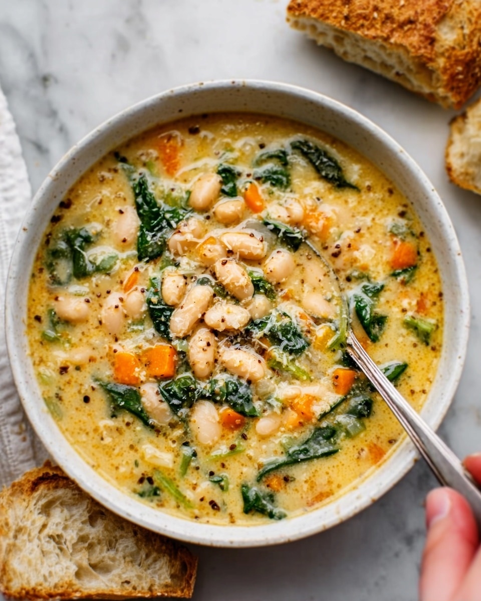 A white bowl filled with a thick stew that has three layers visible: the bottom layer is a creamy orange color, with soft yellow corn kernels scattered throughout; the middle layer shows browned slices of sausage with a slightly crispy texture; the top layer has fresh green spinach leaves sprinkled around. On the right edge of the bowl, there is a toasted slice of bread with a golden-brown crust resting partly inside the stew. A spoon is placed inside the bowl, with a woman's hand holding it. The bowl sits on a white marbled surface with a white napkin draped nearby. Photo taken with an iphone --ar 4:5 --v 7