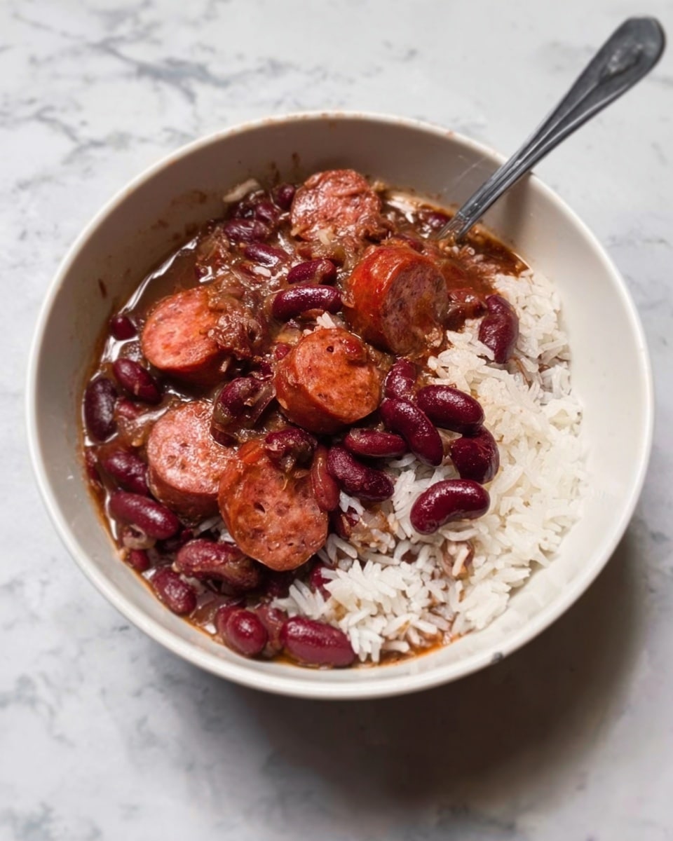 A white bowl filled with three layers: the bottom layer is white rice with a soft texture, the middle layer has dark red kidney beans mixed with a thick reddish-brown sauce, and the top layer consists of several slices of sausage, scattered and partially covered by the sauce. A metal spoon is resting inside the bowl. The bowl sits on a white marbled surface. Photo taken with an iphone --ar 4:5 --v 7
