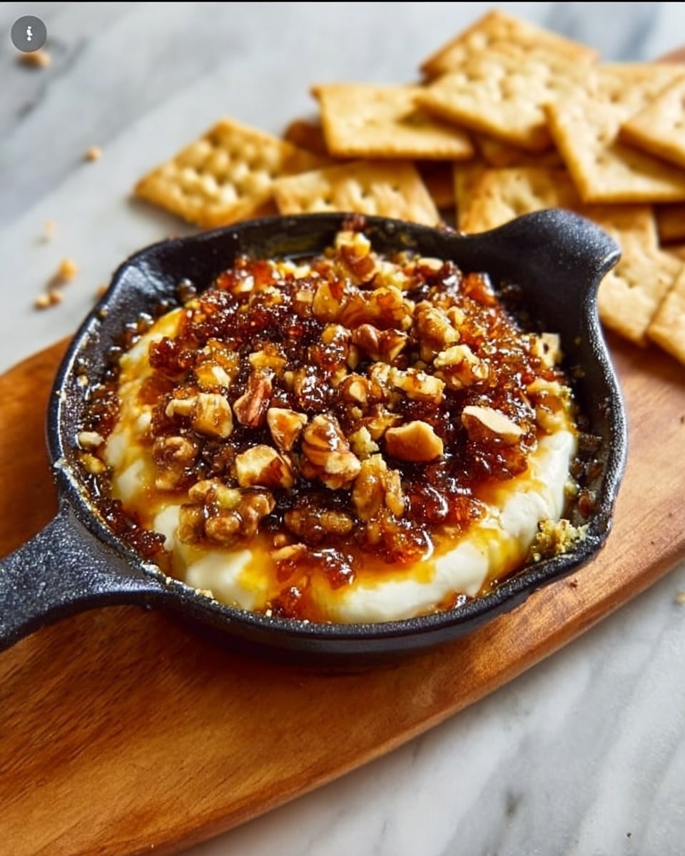 The dish is served in a small black cast iron skillet placed on a wooden board. It has two main visible layers: the bottom layer is melted, creamy cheese that is smooth and slightly bubbling, while the top layer is a chunky mix of golden brown nuts and caramelized caramel pieces, adding a rough, textured look. There are some light scattered seeds on top, and the cheese peeks out a bit along the edges, showing its softness. Around the wooden board, there are pale brown crackers placed loosely. The background surface is a white marbled texture. Photo taken with an iphone --ar 4:5 --v 7