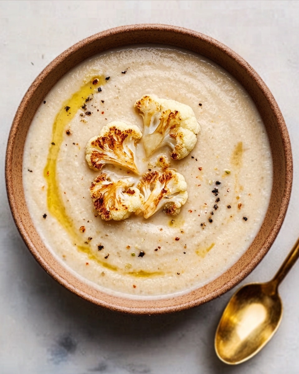 This image shows a creamy orange-yellow soup served in a white bowl with a textured finish. The soup has a smooth, thick texture and is topped with small white cauliflower florets and green chopped herbs scattered on top. The bowl sits on a round wooden plate, with a silver spoon placed to the right of the plate. The setting includes a white marbled surface with a folded cloth napkin with blue, beige, white, and green stripes in the background, and a clear glass of water on a light felt coaster to the upper right. photo taken with an iphone --ar 4:5 --v 7