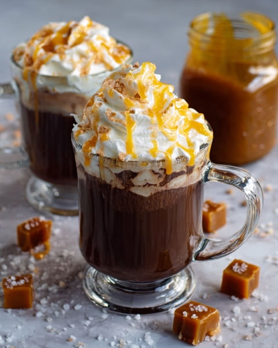 The image shows a clear glass mug filled with a dark brown drink, topped with a thick swirl of white whipped cream. On top of the whipped cream, there is a drizzle of golden caramel sauce. Around the mug, small caramel cubes and white coarse salt crystals are scattered on a white marbled surface. A jar filled with caramel sauce is visible in the background. The glass handle is visible on the right side of the mug. Photo taken with an iphone --ar 4:5 --v 7