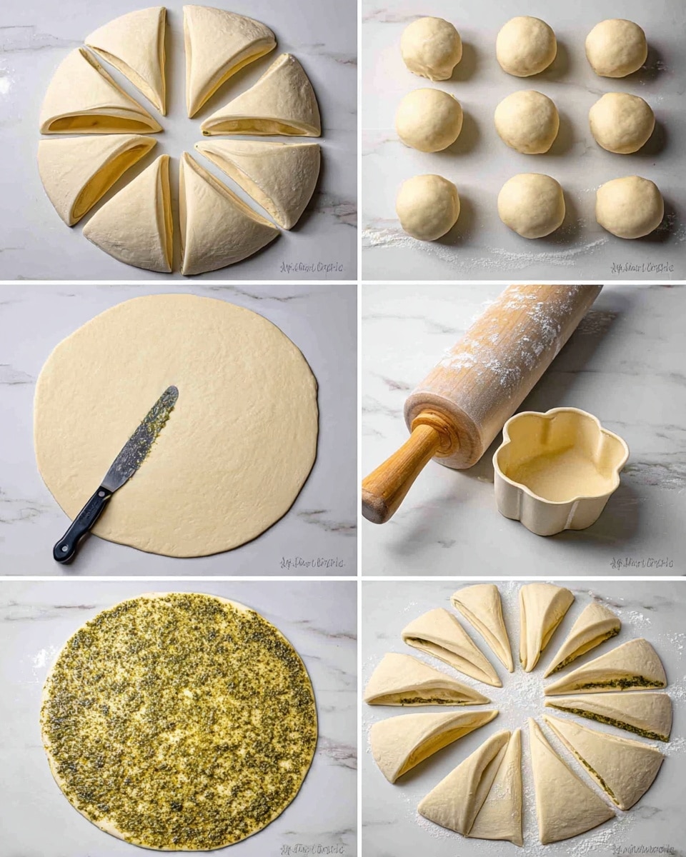 The image is a collage showing the step-by-step process of making a spiral dough pastry. The first panel shows four dough quarters arranged in a square on a white marbled surface. The second panel displays four smooth, round dough balls resting on the same white marbled surface. The third panel shows one dough ball rolled out into a smooth, even, round flat layer with a rolling pin on top. The fourth panel depicts the flat dough layer evenly covered with a greenish pesto spread using a small knife on the right side. The fifth panel shows half of the spread dough folded neatly over itself. The sixth panel displays the folded dough cut into many triangular slices, arranged like sun rays, with a flower-shaped cutter in the middle. photo taken with an iphone --ar 4:5 --v 7