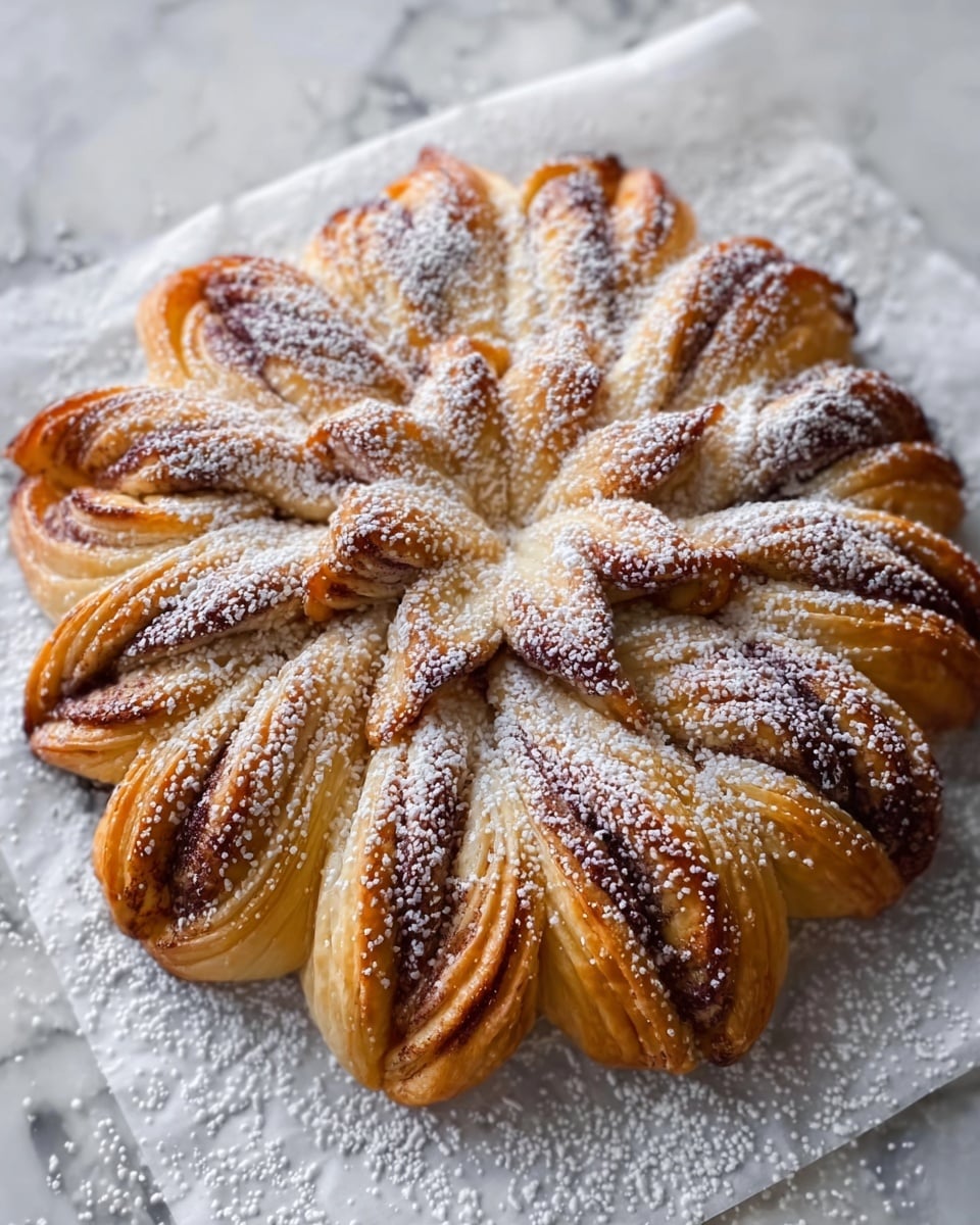 A round shaped pastry with 16 twisted, petal-like segments arranged symmetrically around a central flower shape. The pastry has a golden brown color with visible layers of dough and darker swirls of filling inside each twisted segment, creating a textured look. The surface is sprinkled lightly with white powdered sugar. The pastry is placed on white parchment paper, set on a white marbled surface. Photo taken with an iphone --ar 4:5 --v 7