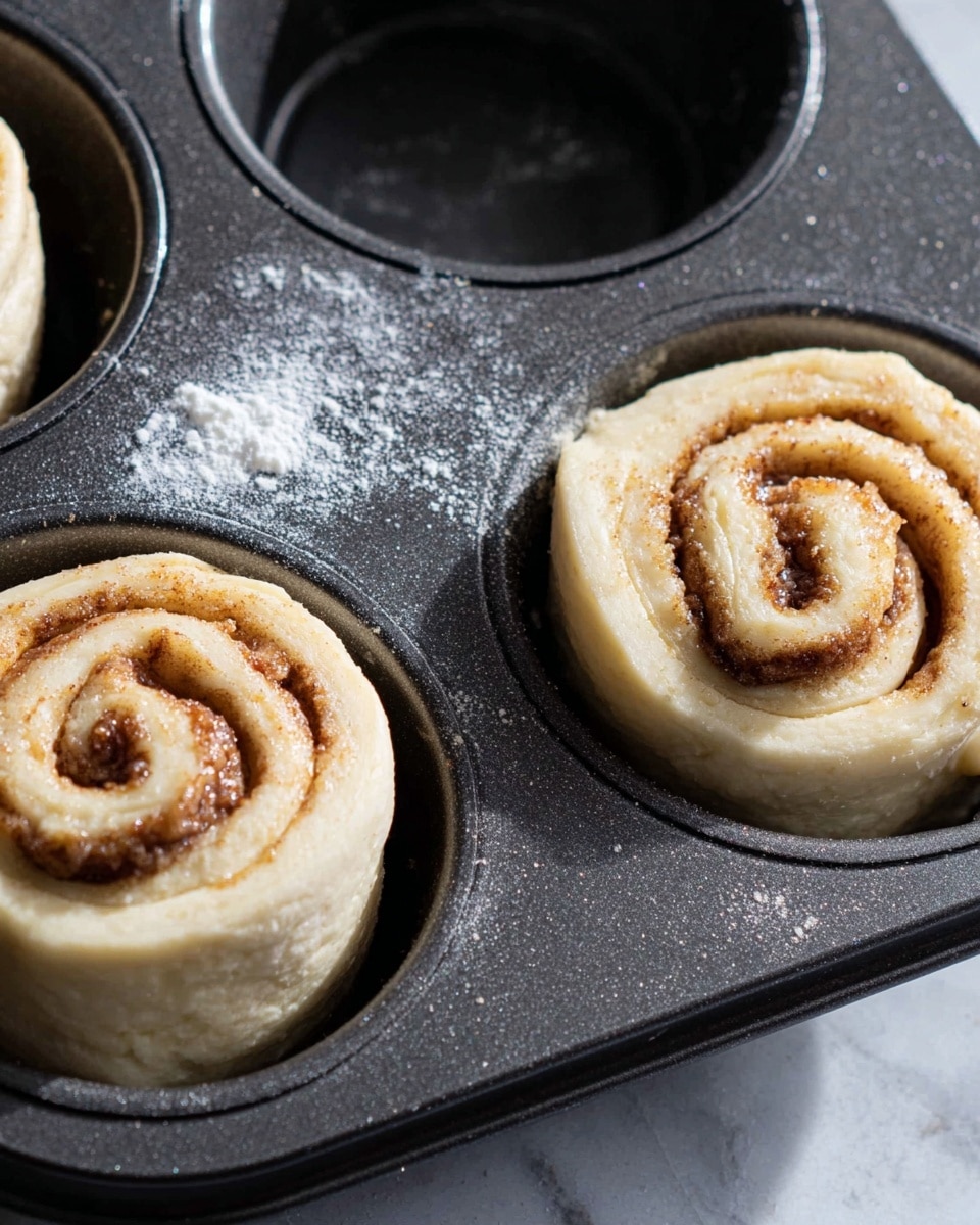 The image shows two close-up views of a cinnamon roll dough in a black non-stick muffin tray cup. The dough is light cream-colored, soft and smooth, rolled up in a spiral shape with a brown cinnamon sugar filling swirled inside. The muffin cup has a sprinkling of white flour powder around the edges. The tray sits on a white marbled surface, and the light highlights the texture of the dough and sugar. Photo taken with an iphone --ar 4:5 --v 7