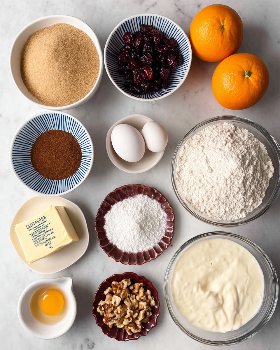 The image shows various baking ingredients arranged neatly on a white marbled surface. There are three white bowls with blue stripes: one filled with light brown sugar at the top left, one with dark dried cranberries below it, and two whole oranges positioned to the right. A clear glass bowl with white flour sits at the top right, and below it is another clear glass bowl filled with a white creamy ingredient on the right side. Between these, there is a small white scalloped bowl containing brown cinnamon powder and another small brown plate with white baking powders. A small clear bowl in the center holds chopped nuts. Two white eggs lie near the bottom left, close to a small white dish with golden vanilla extract and a rectangular piece of unsalted butter with yellow wrapping placed just above the eggs. Photo taken with an iphone --ar 4:5 --v 7