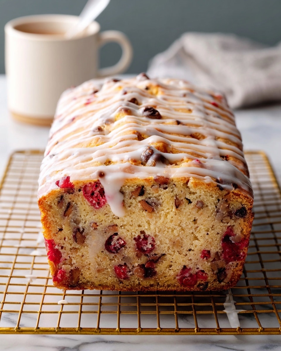 A rectangular loaf cake sits on a golden wire cooling rack over a white marbled surface. The cake has one visible thick layer with a light golden brown color, showing a moist texture filled with red berry pieces and dark brown nut chunks scattered evenly inside. The top of the cake is covered with a smooth white glaze drizzle in diagonal lines. In the background, there is a white cup with a spoon inside, slightly blurred. Photo taken with an iphone --ar 4:5 --v 7