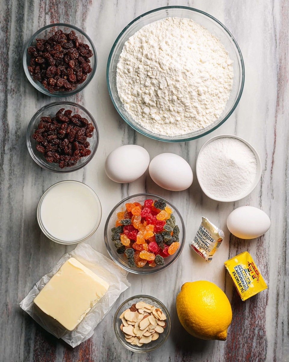 The image shows an arrangement of cooking ingredients placed on a white marbled surface. There is a large clear glass bowl filled with white flour at the top center. To the left, a smaller clear glass bowl contains dark brown raisins, and next to it is a small white bowl with white granulated sugar shaped in a spiral. Below the bowl of raisins, a small clear cup holds white milk beside a wrapped piece of unsalted butter in yellow paper. In the middle, there is a clear bowl filled with small pieces of colorful dried fruit including red, orange, and dark green. To the right of the dried fruit bowl, three whole white eggs are arranged in a small triangle. A metal measuring cup contains sliced almonds near the eggs with a small cup of white granulated sugar below it. Next to the cup is a sealed yellow packet of instant yeast. At the bottom center, a white bowl contains powdered white sugar, and to the right of this, a bright yellow lemon rests on the surface. The overall setting has a neat, organized feel with natural colors and textures. Photo taken with an iphone --ar 4:5 --v 7