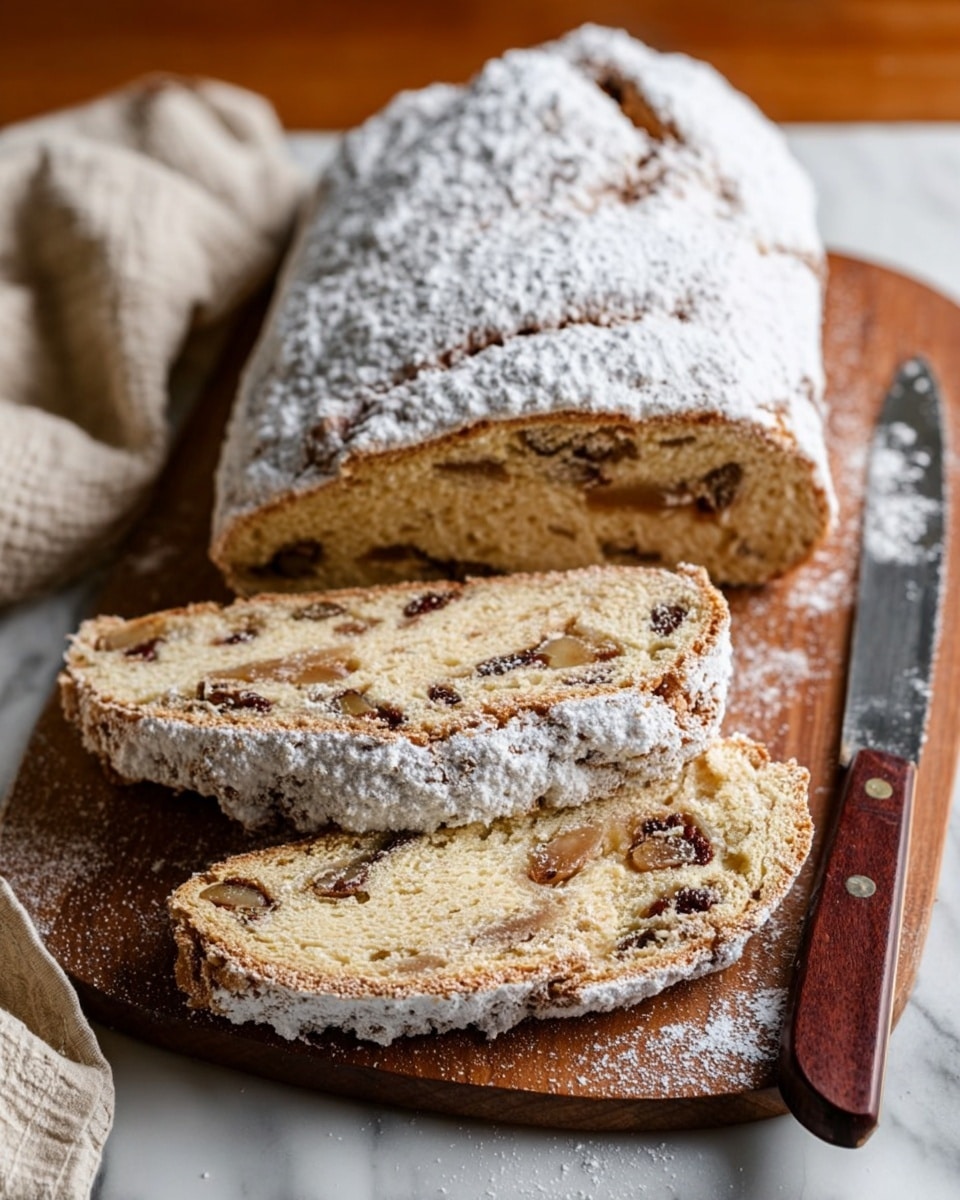 A loaf of powdered sugar-covered bread shown on a wooden board is sliced in three parts, revealing inside layers filled with nuts and dried fruits in a light beige dough, with a baked golden brown crust dusted thickly with white sugar. The texture outside looks soft but firm, while inside is moist and studded with small nuts and dark raisins. There is an extra wooden knife with a dark brown handle lying beside the bread. The background shows a white marbled surface with a beige cloth partially visible on the left photo taken with an iphone --ar 4:5 --v 7