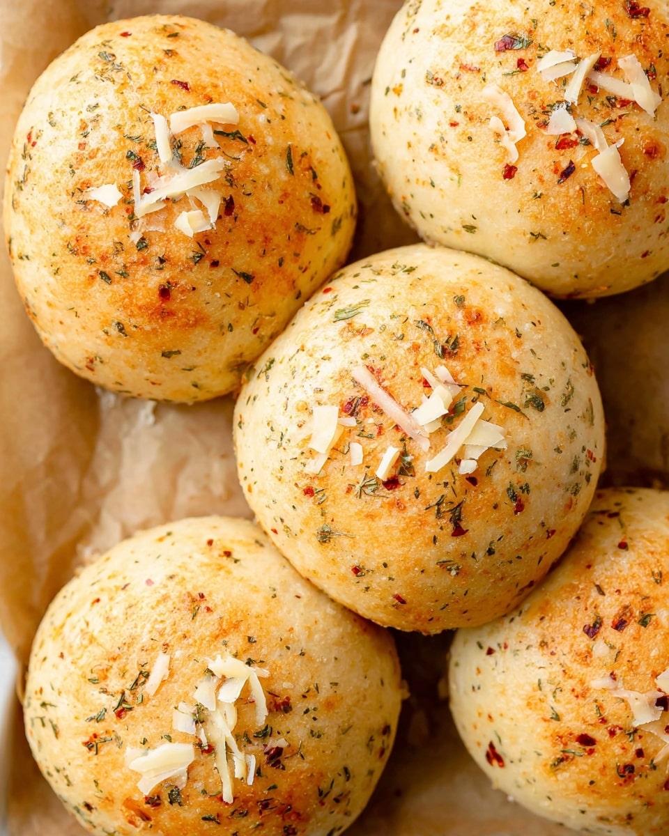 The image shows six round, golden-brown bread rolls with a slight speckled texture from herbs and spices baked inside. Each roll is topped with small, scattered pieces of lightly melted cheese. The rolls rest on brown parchment paper that lines a surface, which is changed to a white marbled texture for the description. The bread surface looks soft with a smooth crust, and the herbs add tiny dark green and red flecks within the light golden dough. Photo taken with an iphone --ar 4:5 --v 7