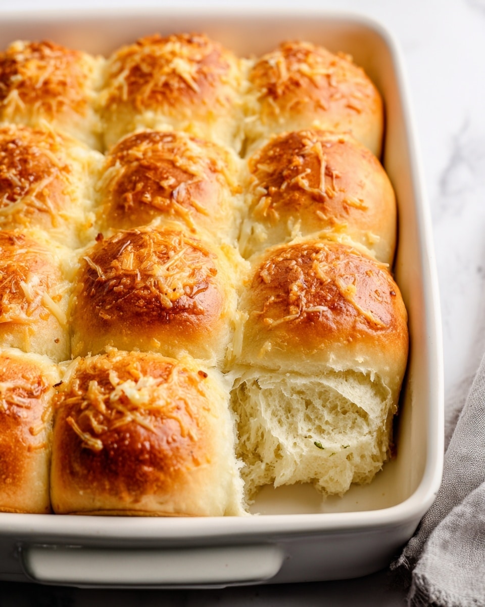 The image shows a white rectangular baking dish filled with nine soft bread rolls arranged in three rows of three. Each roll has a golden-brown top sprinkled with melted light orange cheese, giving a slightly textured look. One roll near the front center has a piece gently pulled away, revealing the fluffy, light interior of the bread. The dish sits on a white marbled surface, and a grey cloth is partially visible on the right edge. The scene is bright and clear, focusing on the warm, fresh bread rolls. photo taken with an iphone --ar 4:5 --v 7