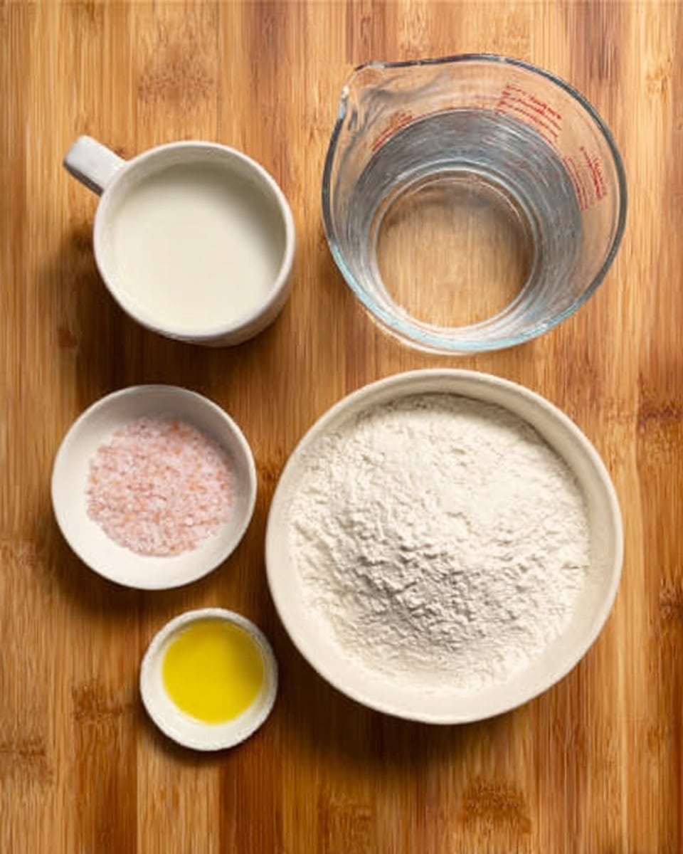 The image shows five bowls and a cup all placed on a wooden surface. In the center, there is a large white bowl filled with white flour, its texture soft and powdery. To the right of the flour bowl is a large clear glass measuring cup filled with water. To the left of the flour bowl, there is a small white bowl with pink salt, showing a granulated texture. Above it, a small white bowl holds yellow oil with a smooth and shiny surface. In the top left corner, there is a white cup filled with a white liquid, possibly milk or cream, with a smooth surface. The wooden surface is warm and natural, complementing the simple ingredients. Photo taken with an iphone --ar 4:5 --v 7