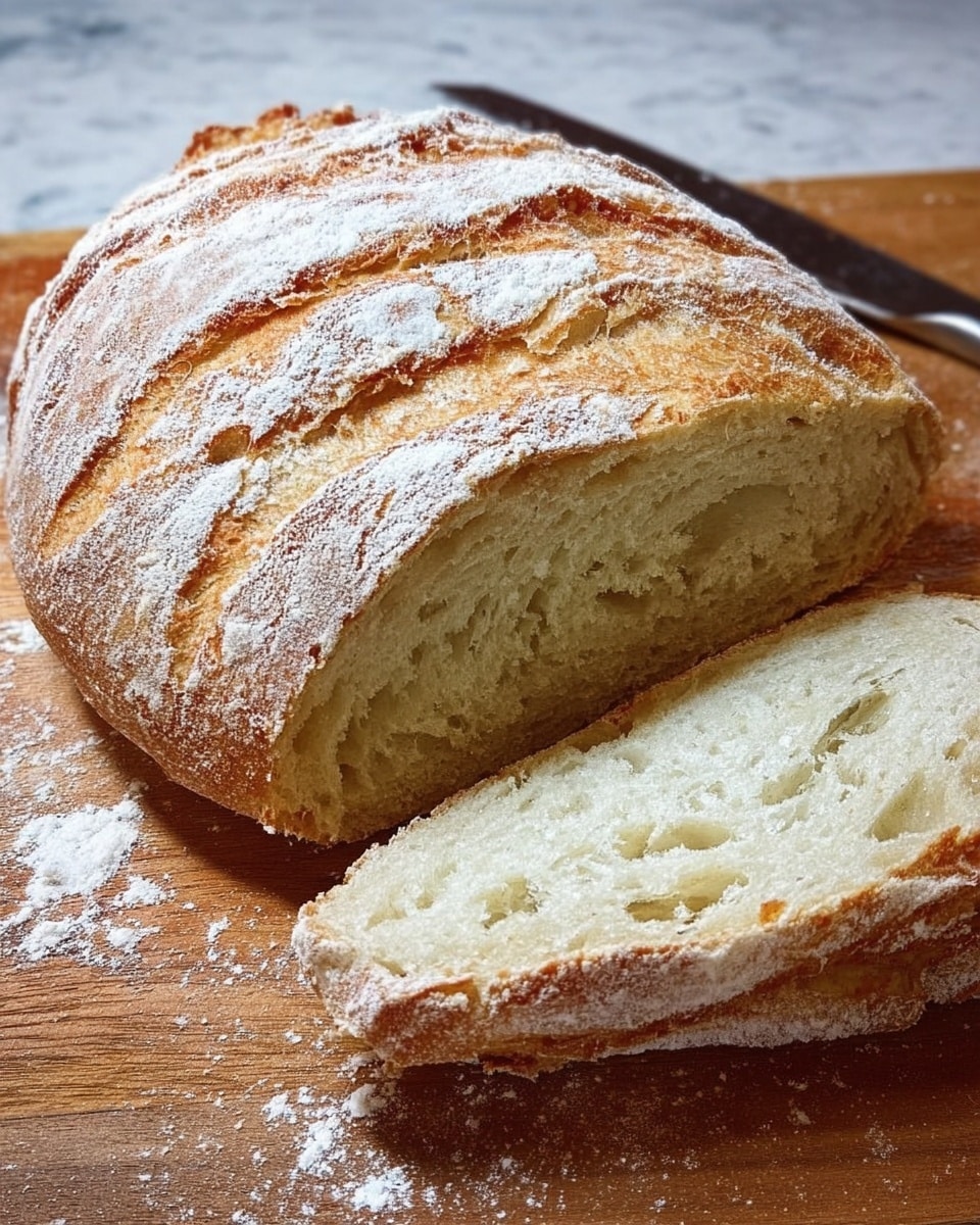 A loaf of rustic bread with a light golden-brown crust dusted with white flour sits on a wooden board. One thick slice is partially removed from the loaf, showing the soft, airy inside with small holes. The crust has uneven ridges and a rough texture, while the inside looks soft and slightly moist. The wooden board has some scattered flour and a knife is lying nearby, creating a simple, homey feel with a white marbled surface background photo taken with an iphone --ar 4:5 --v 7